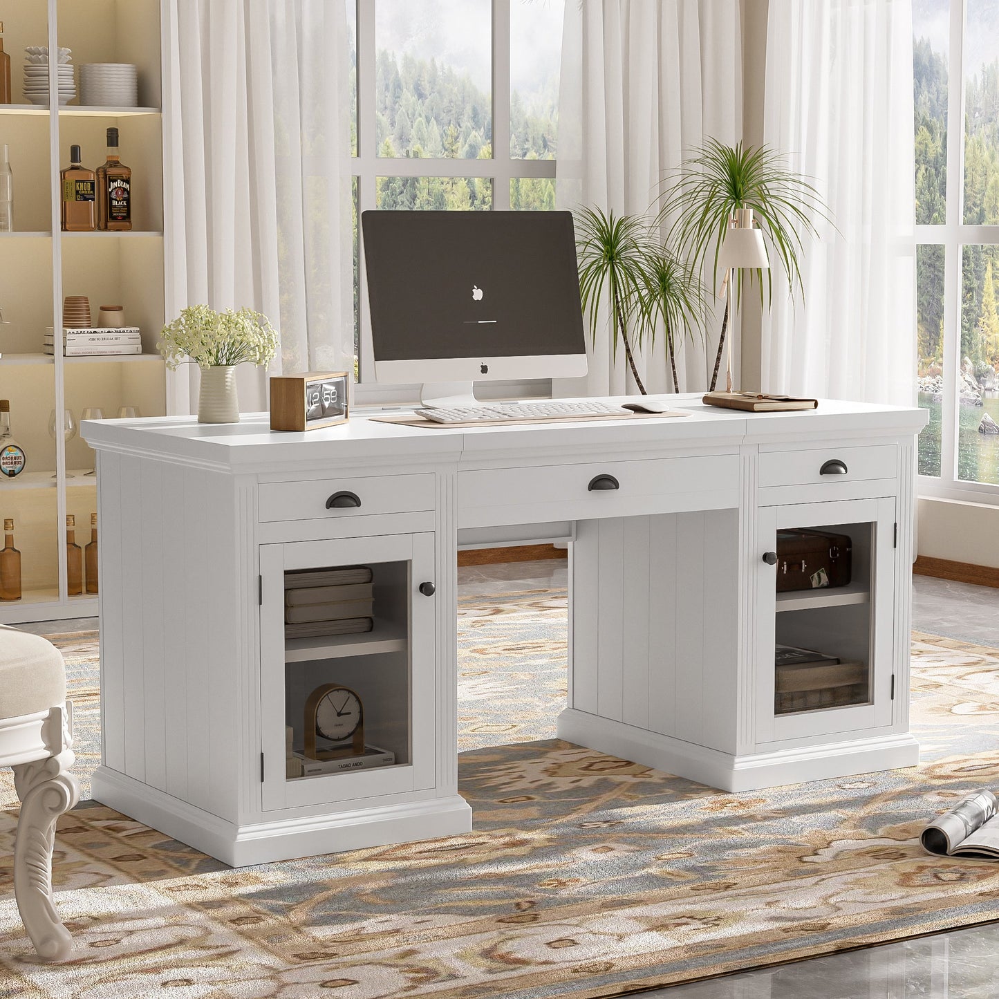 67" Modern Executive Desk with Glass Doors and Drawers