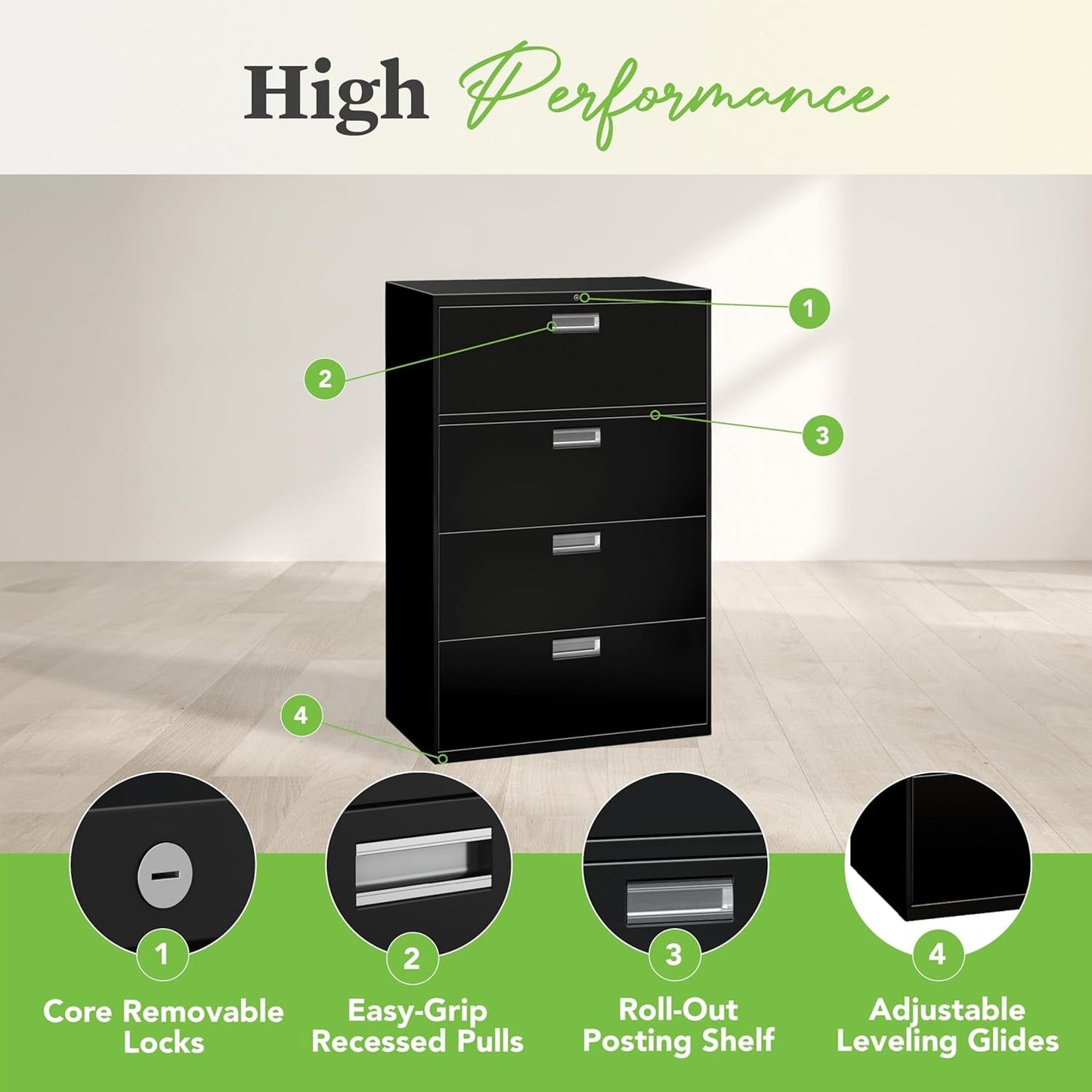 Lateral File Cabinet 4 Drawer Black Metal Office Storage