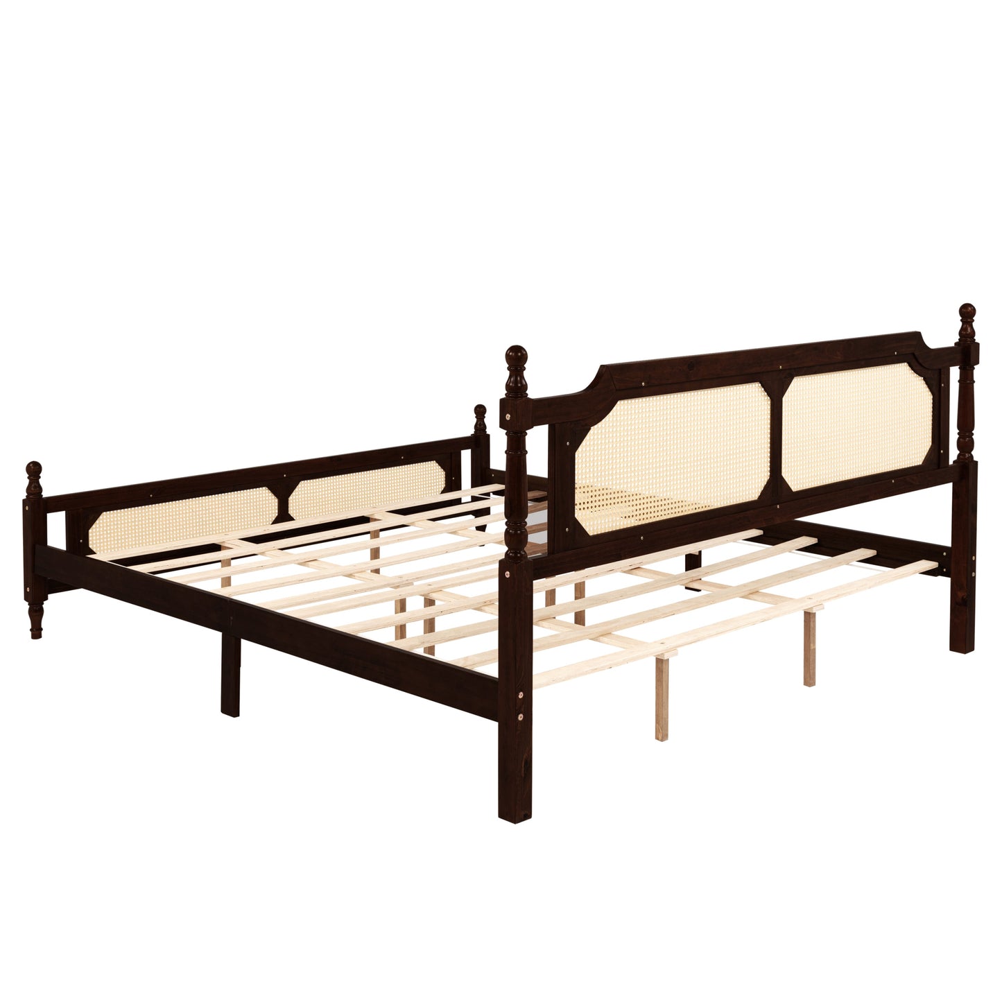 King Pine wooden Bed with Rattan Headboard  and Footboard, with  Central Enhanced Bed Platform ,Espresso