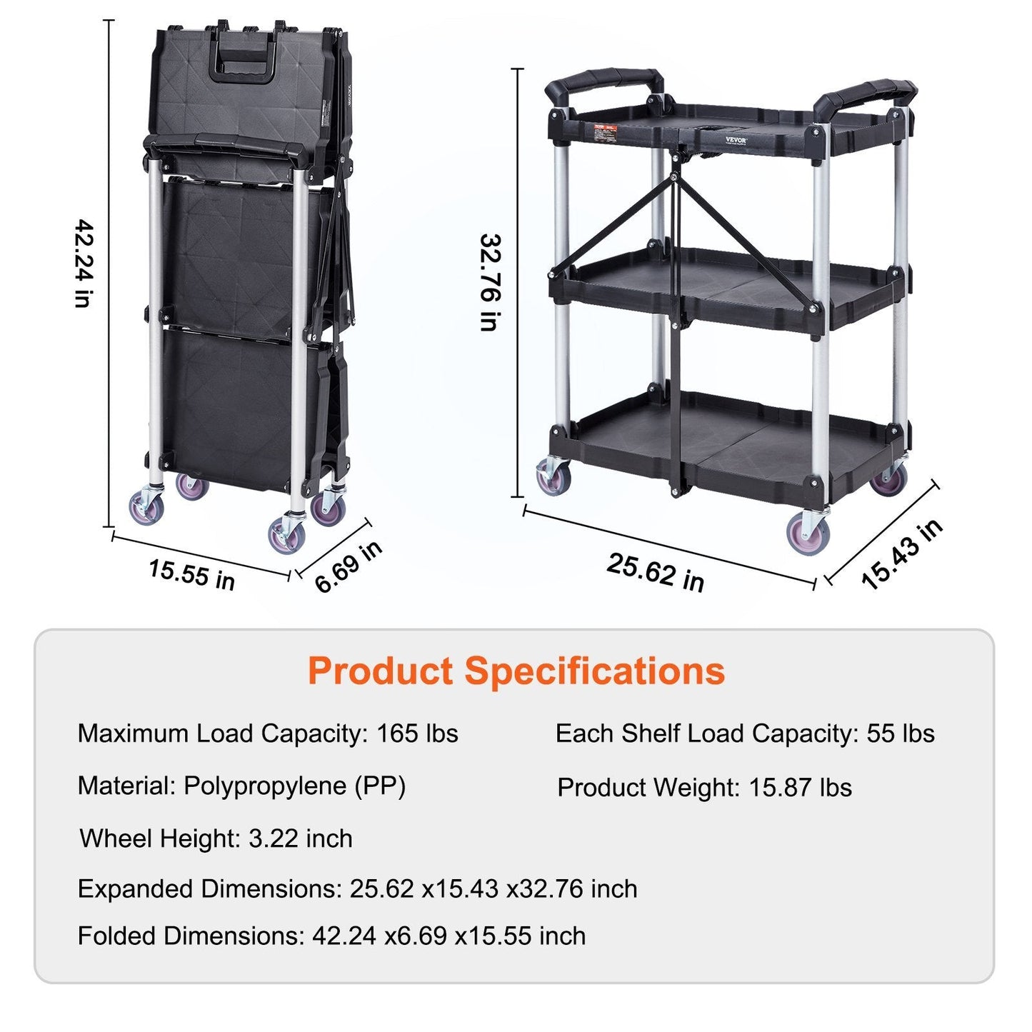Foldable Utility Service Cart, 3 Shelf 165LBS Heavy Duty Plastic Rolling Cart with Lockable Wheels, Ergonomic Handle, Portable Garage Tool Cart for Warehouse/Office/Home(25.62'x15.43'x32.76')