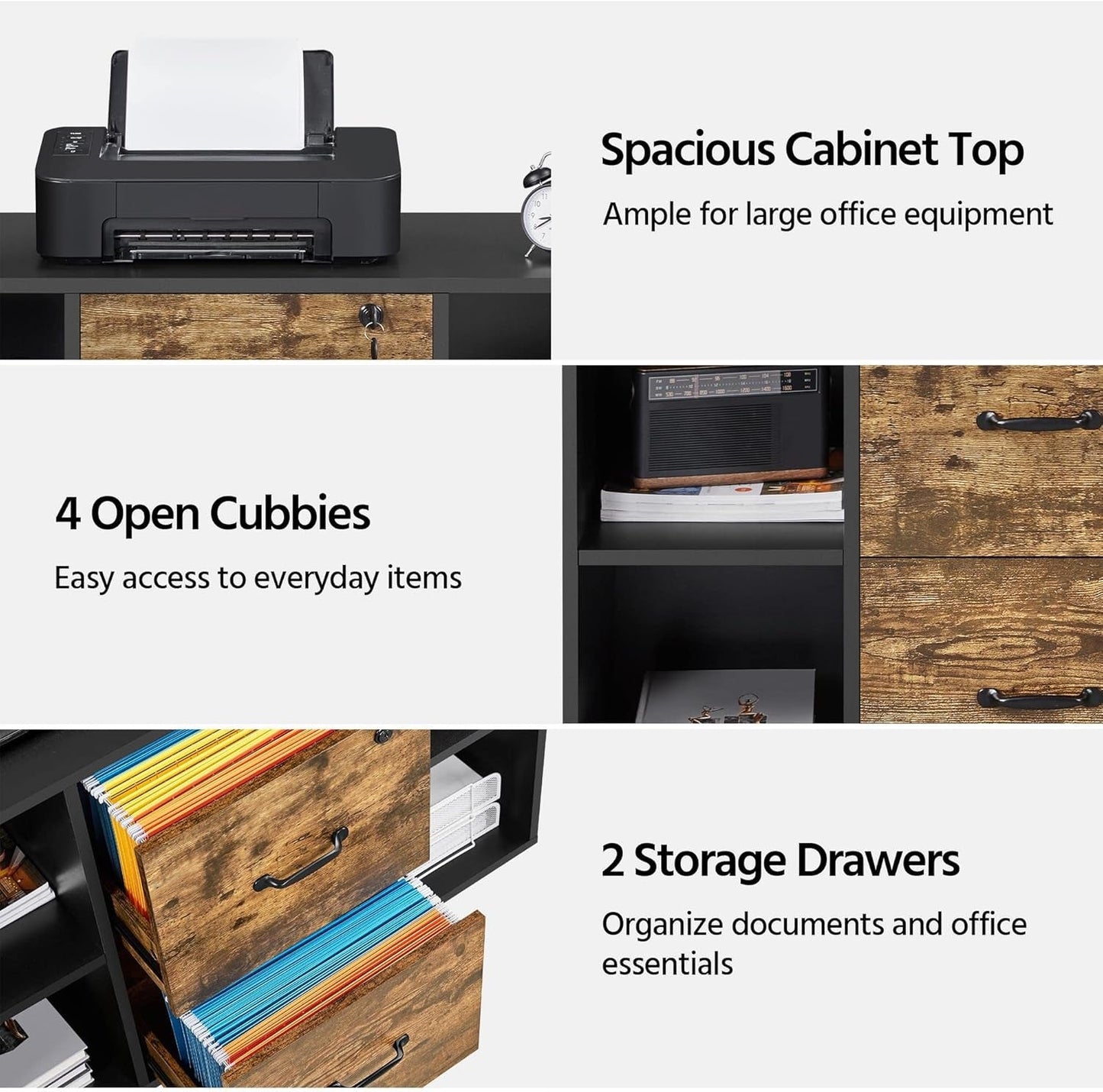 Lateral Filing Cabinet 2 Drawers 4 Open Compartments Black