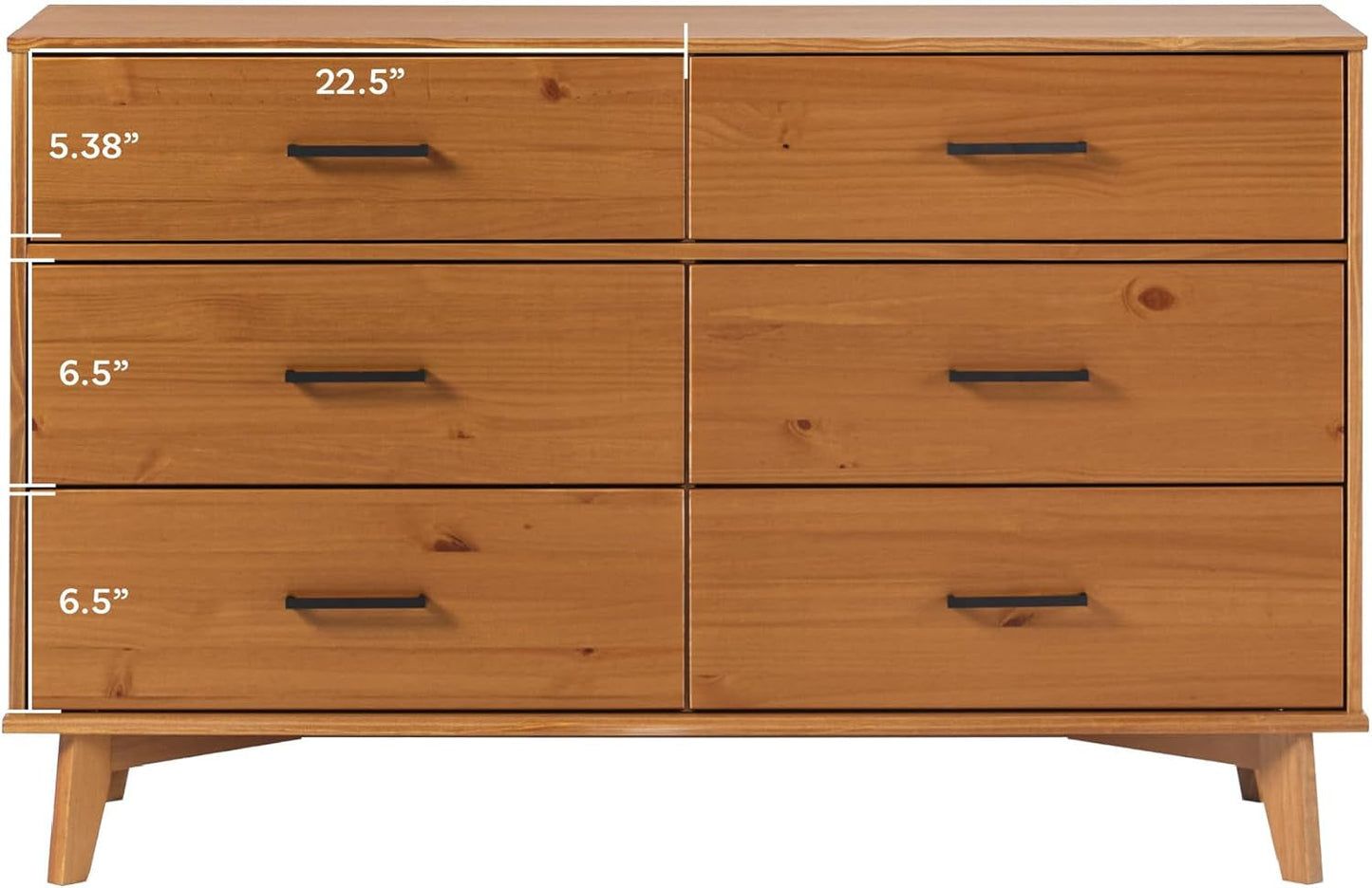 Walker Edision 6-Drawer Dresser In Solid Pine Wood With Metal Handles Caramel