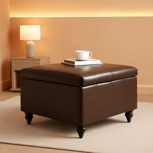 Square Leather Storage Ottoman 30-Inch Brown Durable