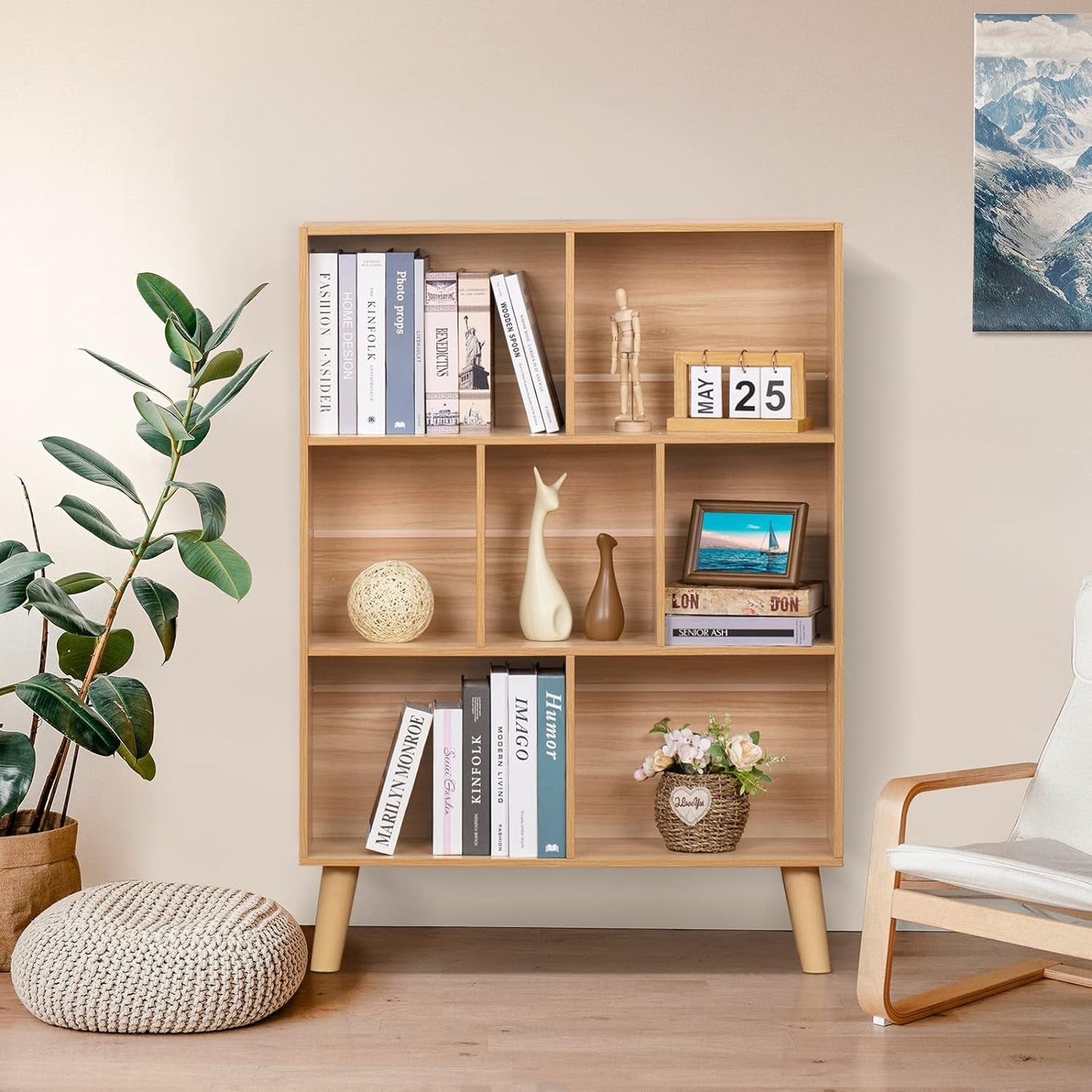Wooden 7 Cube Bookshelf Natural Finish 3 Tier Freestanding