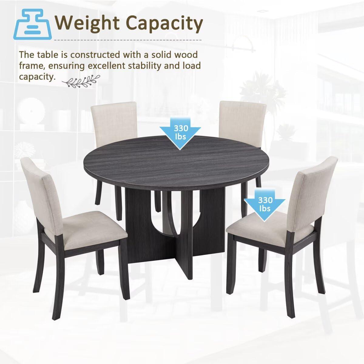Round Dining Set With 47 Inch Table And Beige Upholstered Chairs