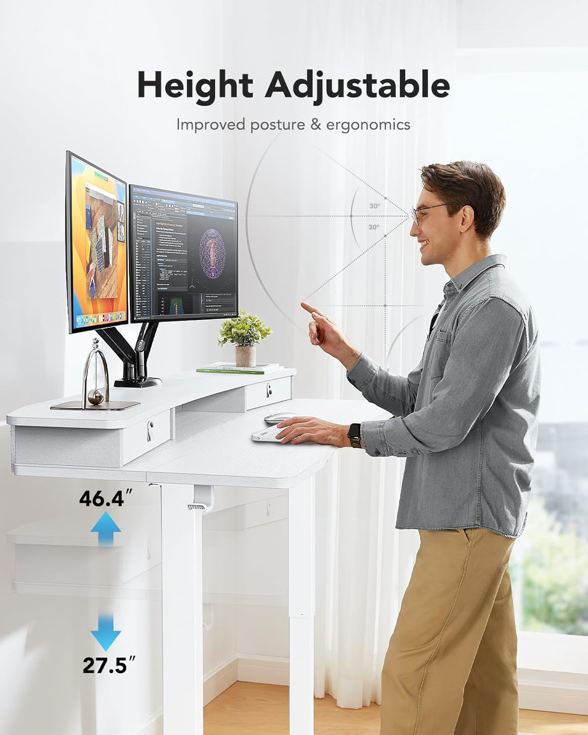 48 By 24 Electric Standing Desk With 2 Drawers White Finish