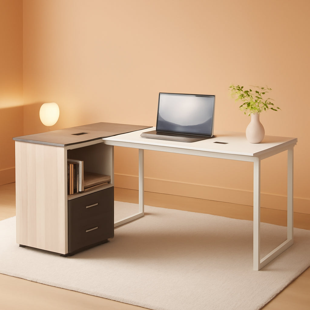 63 Inch L Shaped Desk Gray White With Reversible File Cabinet