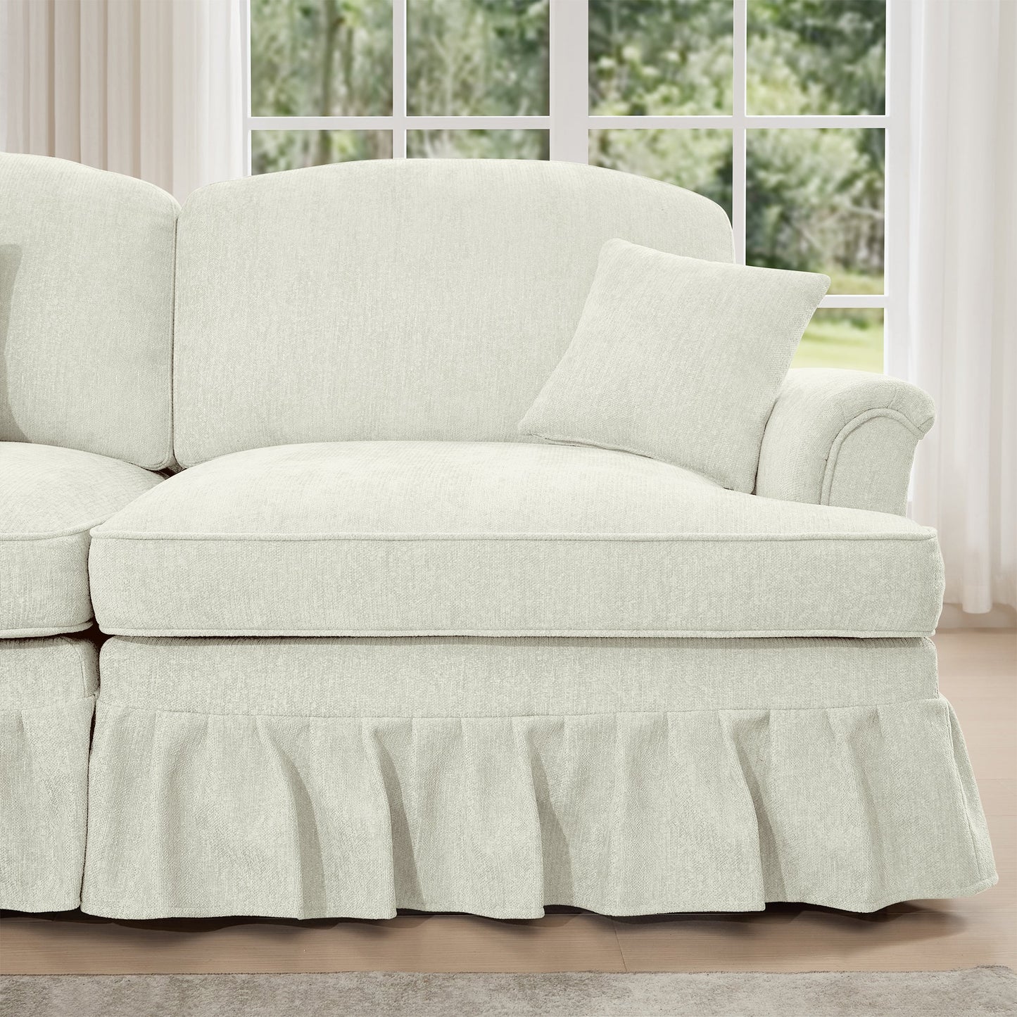 Classic Three Seater Modular L Shaped Sectional Couch with Flared Arms and Removable Ruffles Pleats Skirts and Spindle Legs, Comfy Chenille Four-Seat Deep Seat Sofa with Movable Ottoman, Beige White