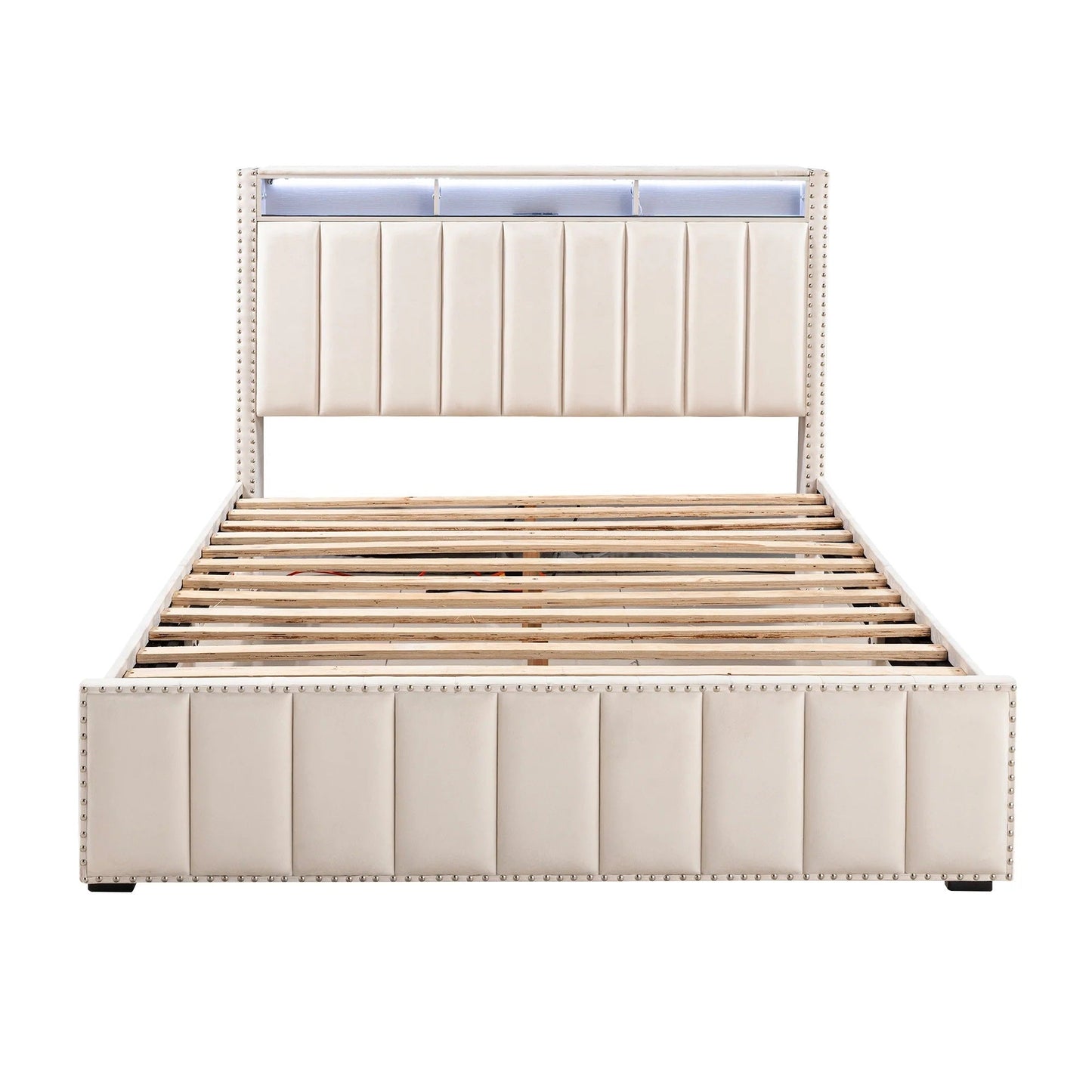 Queen Size Bed 2x Nightstands Bedroom Furniture Contemporary Beige Fabric Upholstered Bedframe w LED Nailhead Trim 3pc Bedroom Set