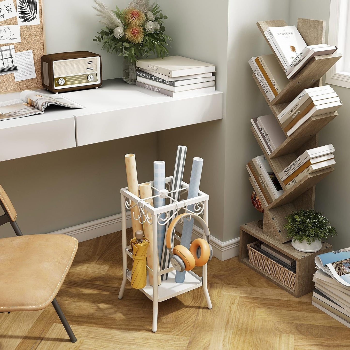 Tree Bookshelf 6 Tier Greige Freestanding Floor Display