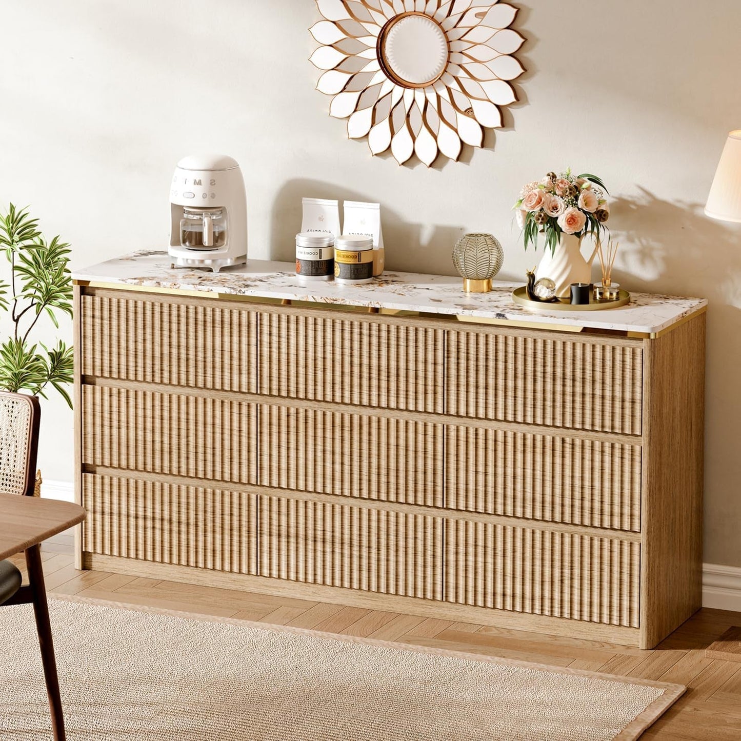 9 Drawer Dresser Chest With PolishedMarbleTabletop