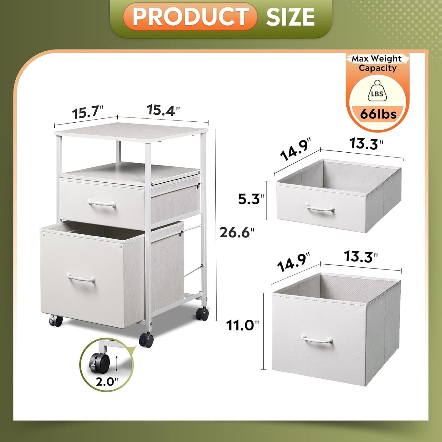 2 Drawer Fabric Vertical Filing Cabinet With Rolling Printer Stand For Home Office White