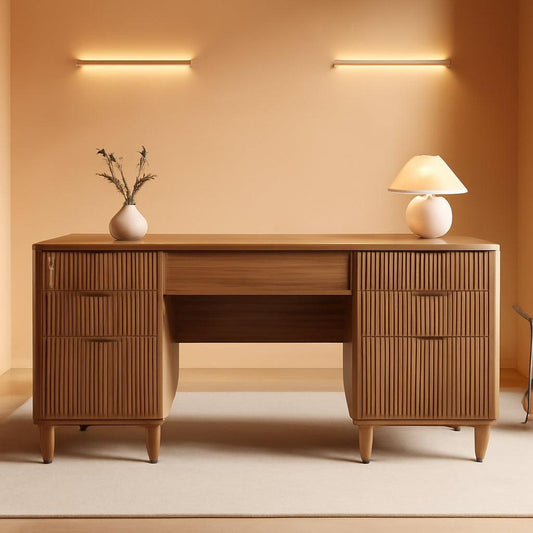 55 Inch Walnut Finish Executive Desk With Charging Port Unit