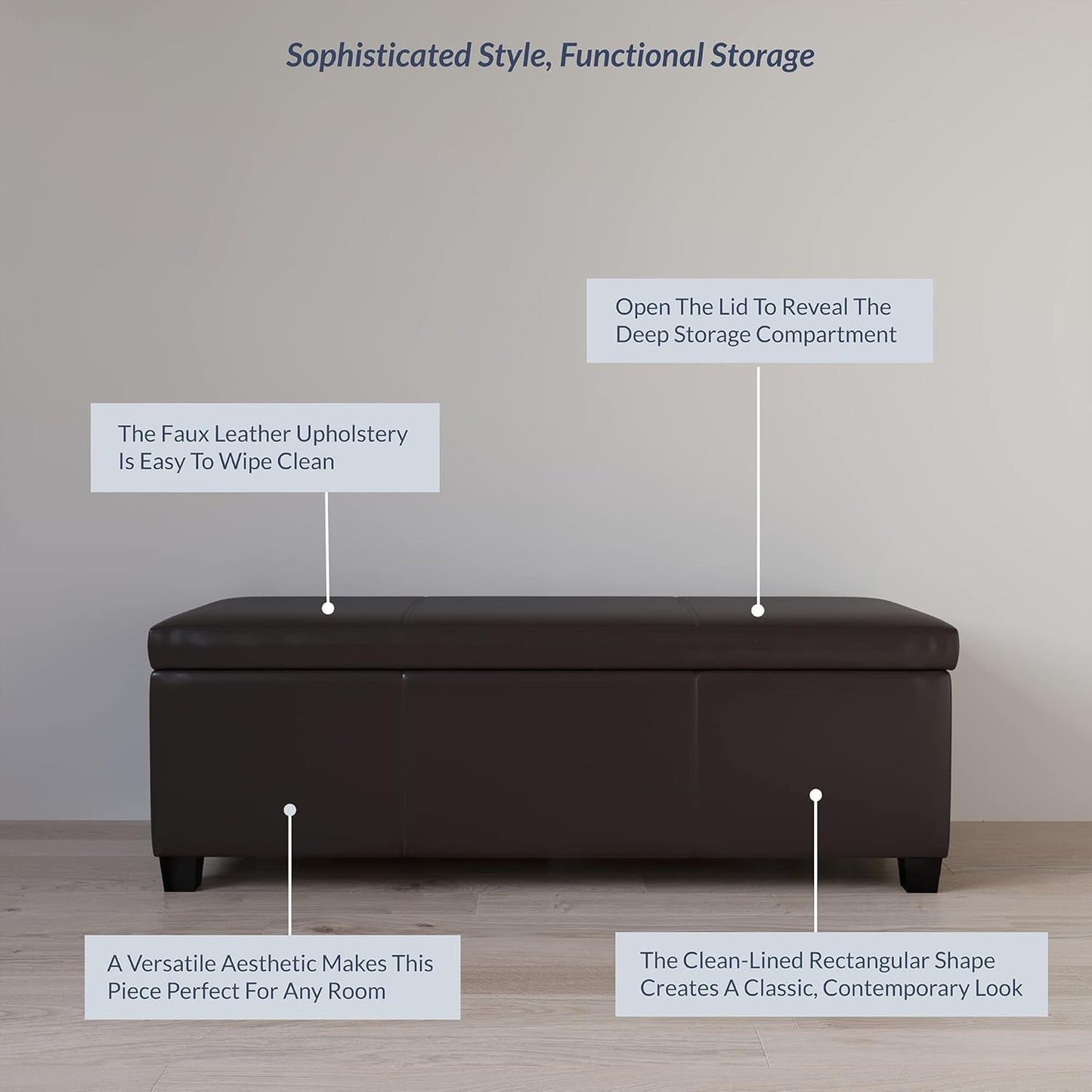 47 Inch DarkBrown Leatherette Storage Ottoman Bench