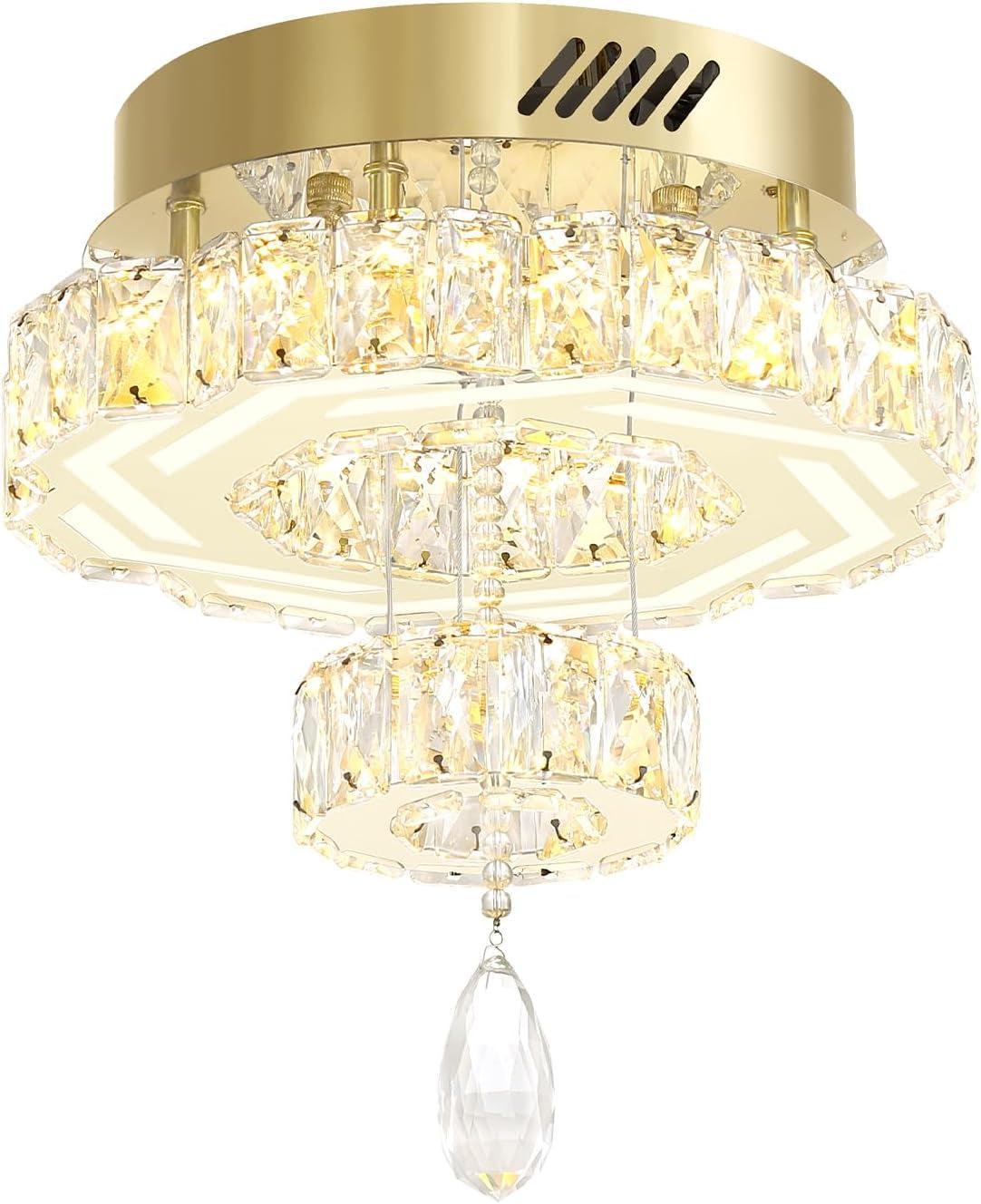 Gold Crystal Chandelier 12 Inch Dimmable Flush Mount
