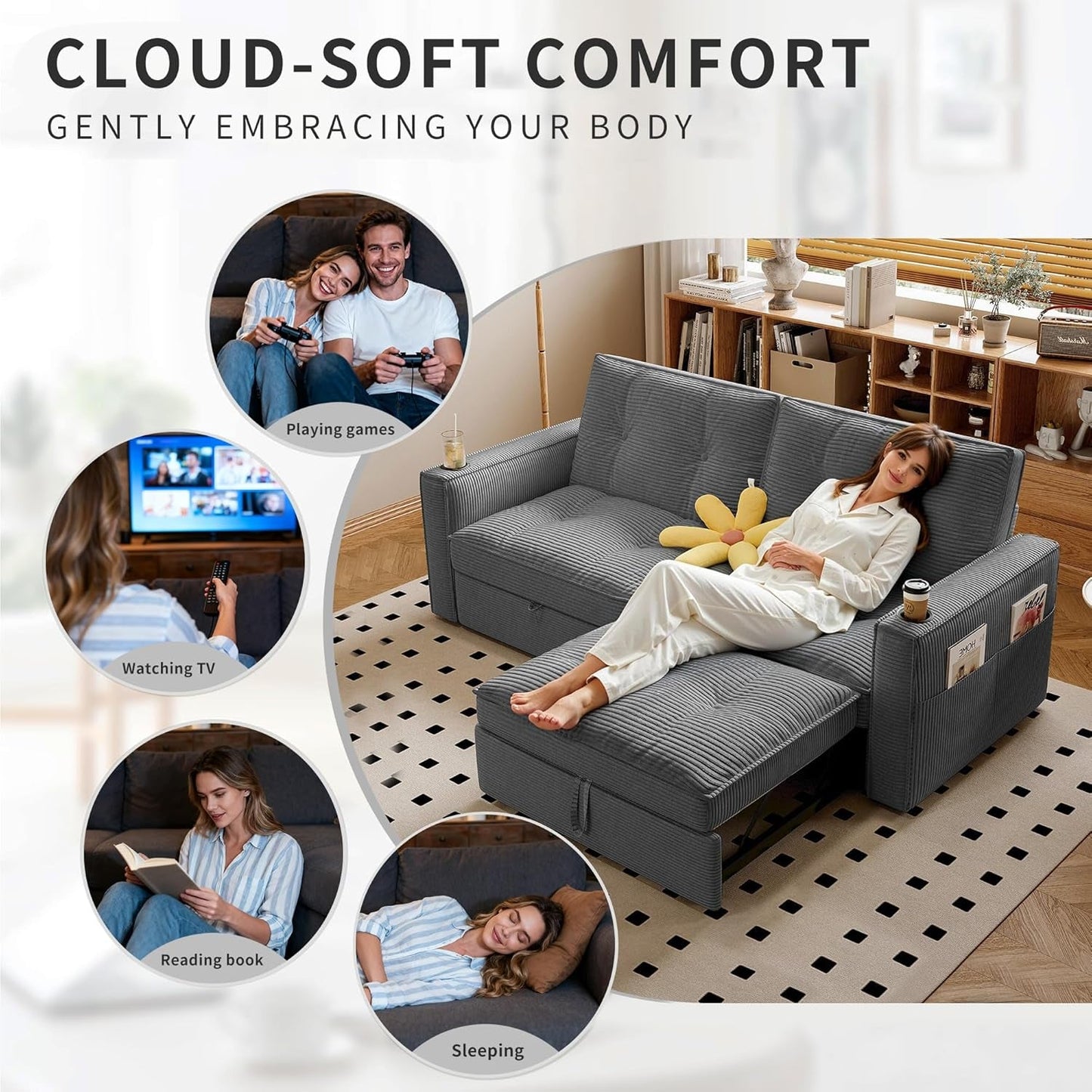 Gray Queen CorduroyTexture Transformable Sofa Bed USB