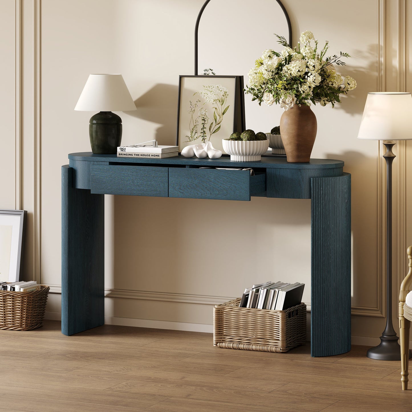 TREXM Entryway Table with Natural Wood Grain Finish, Console Table with Fluted Design, Oval Top and 2 Drawers for Entryway and Living Room (Navy)