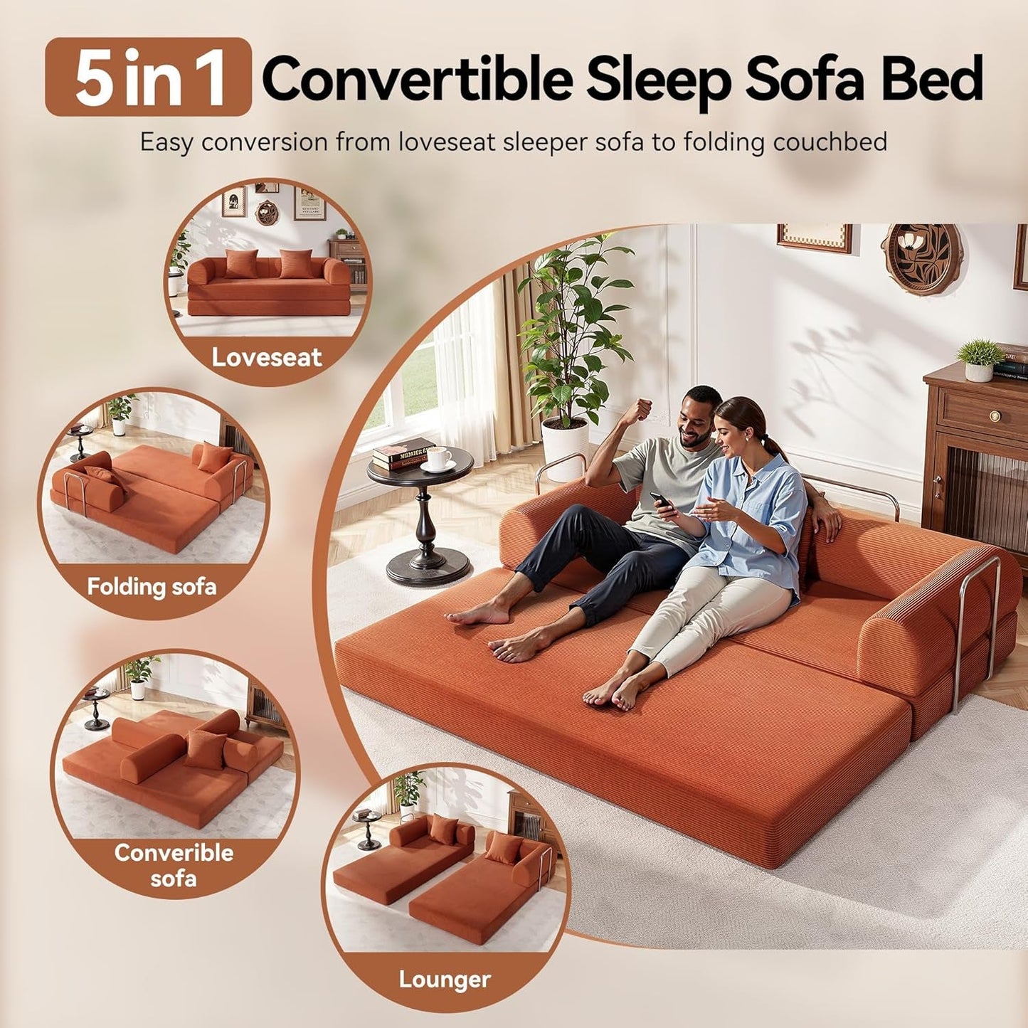 79 Inch Convertible Sofa Bed Orange Corduroy Pillows