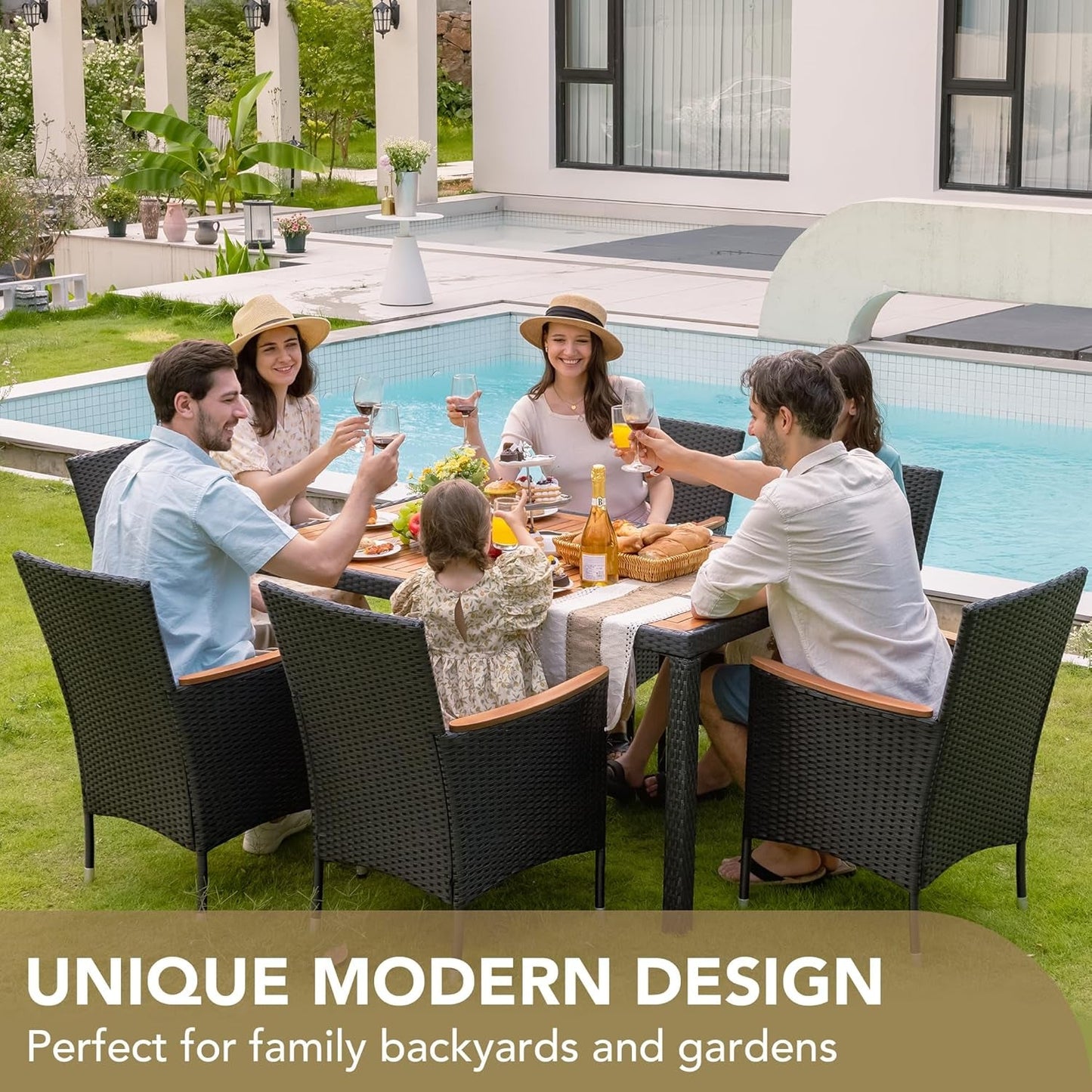 7 Piece Patio Dining Set Acacia Wood Table Black Rattan