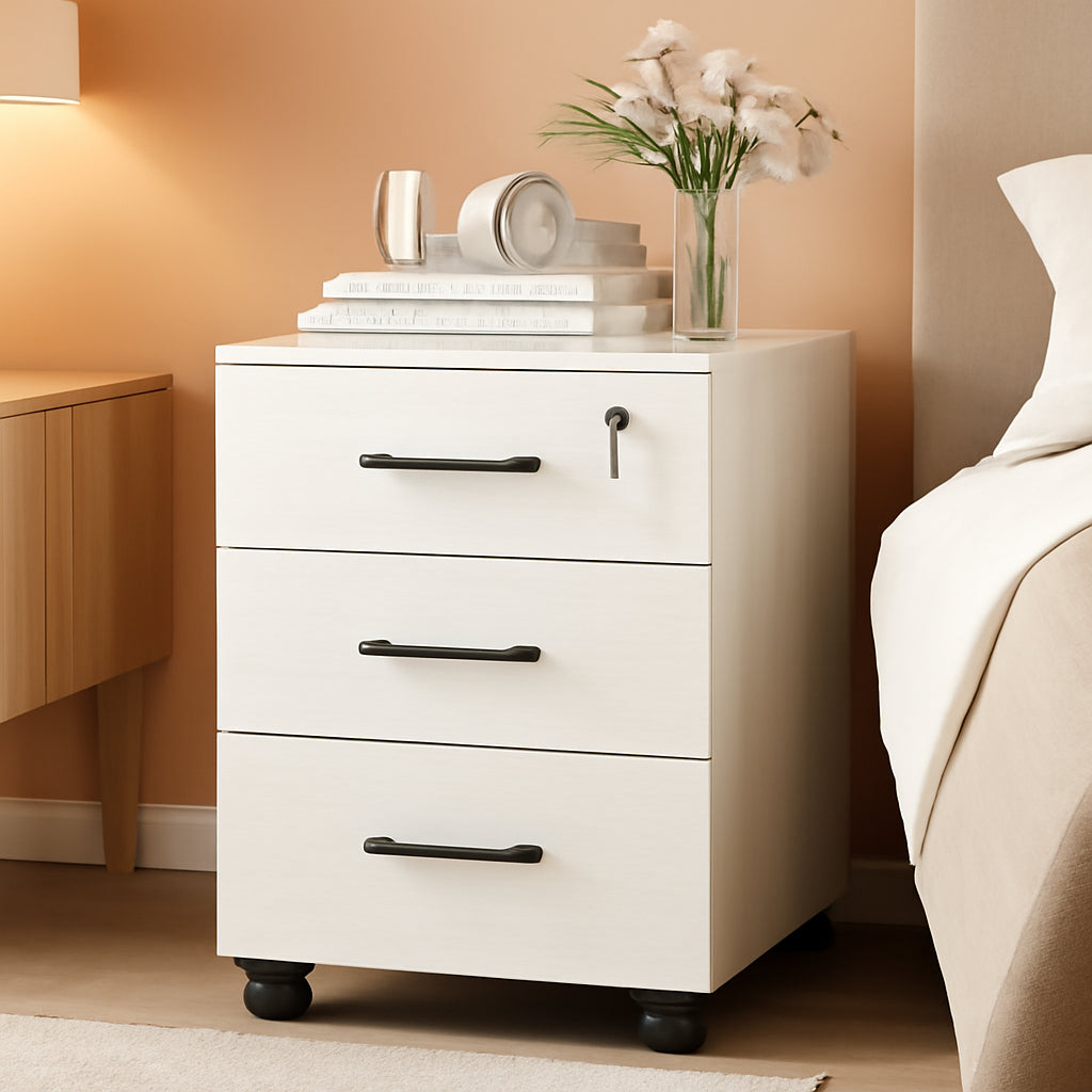 Three Drawer White Wood Mobile File Cabinet Under Desk Storage For Home Office Organization
