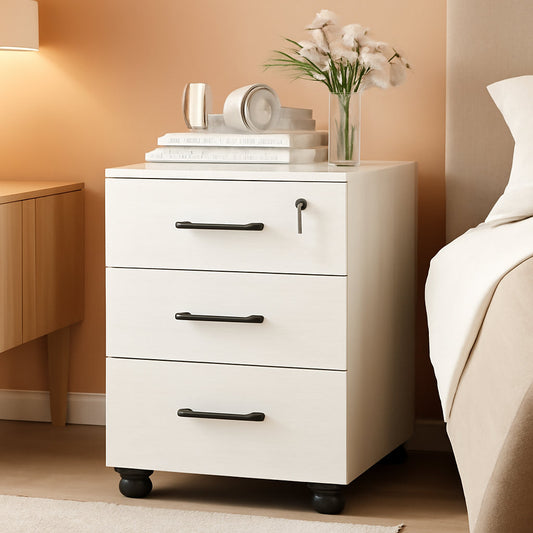 Three Drawer White Wood Mobile File Cabinet Under Desk Storage For Home Office Organization