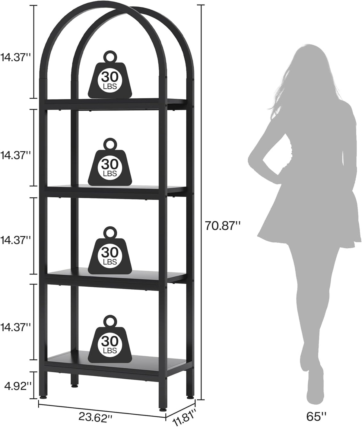 70.86" Tall 4-Tier Black Industrial Bookshelf