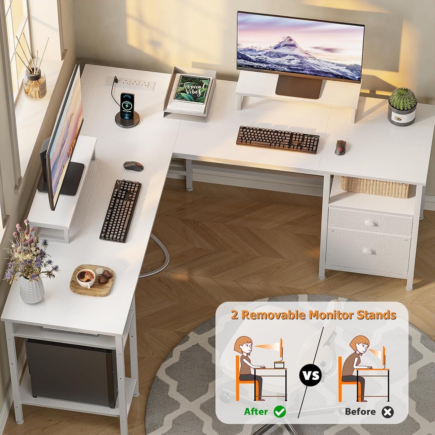 White Fifty Nine Inch L Shaped Desk With Power Outlets