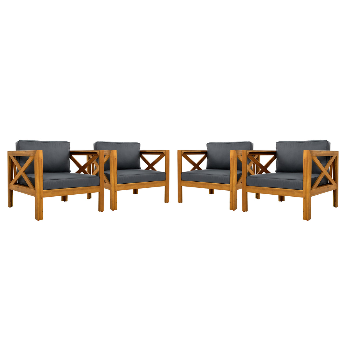 Outdoor Acacia Wood Club Wooden Armchair with Cushions (Set of 4)