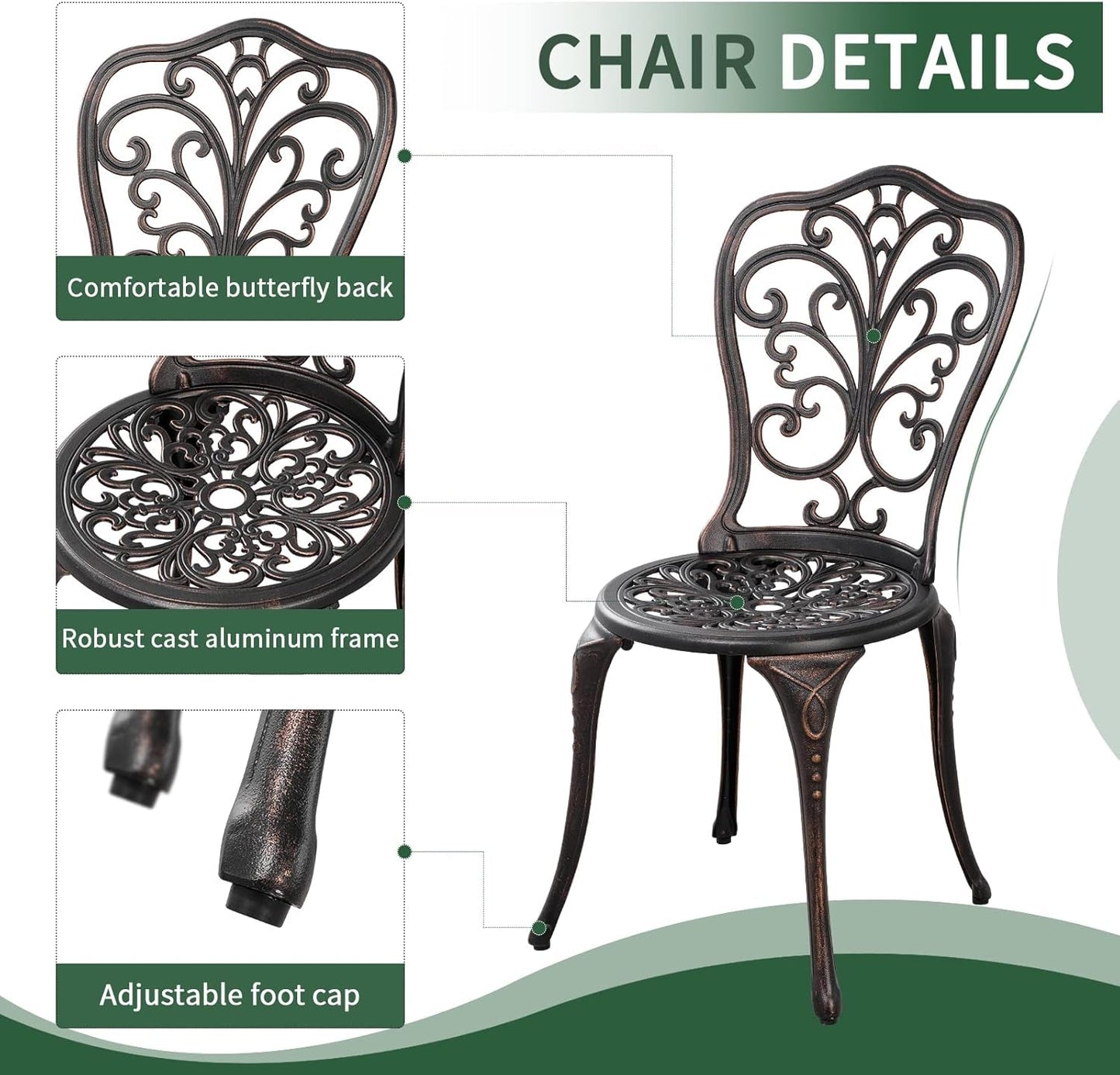 3 Piece Cast Aluminum Outdoor Patio Bistro Set With Umbrella Hole In Brown All Weather Durable