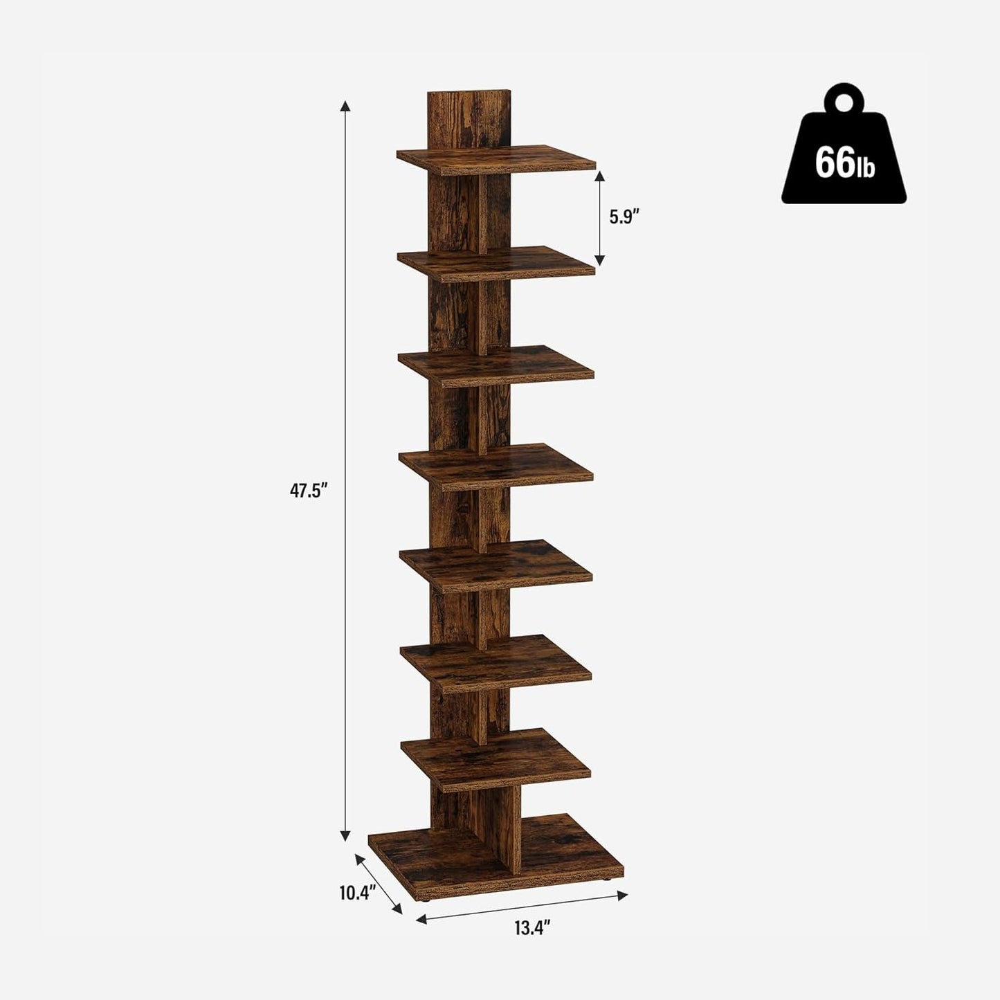 Vertical Bookshelf 8 Tier Rustic Brown Corner Shelf