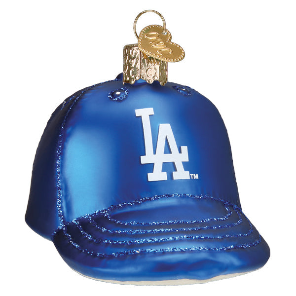 Dodgers Baseball Cap Ornament featuring the iconic LA logo in blue satin finish.