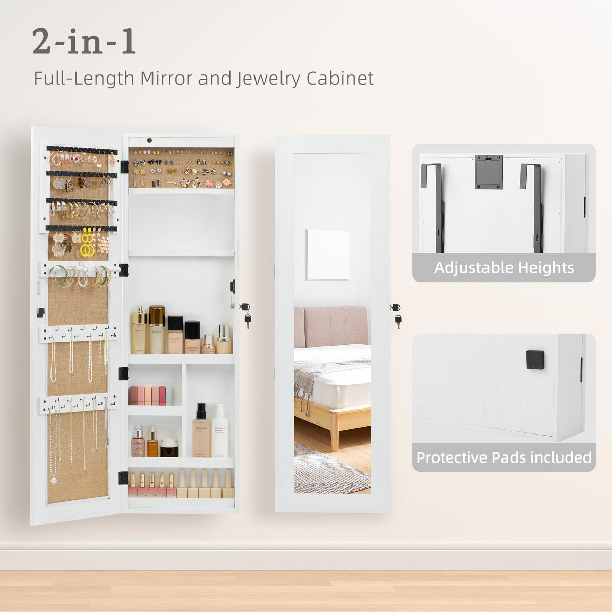 Solid Wood Jewelry Armoire Organizer Cabinet with Full-Length Mirror