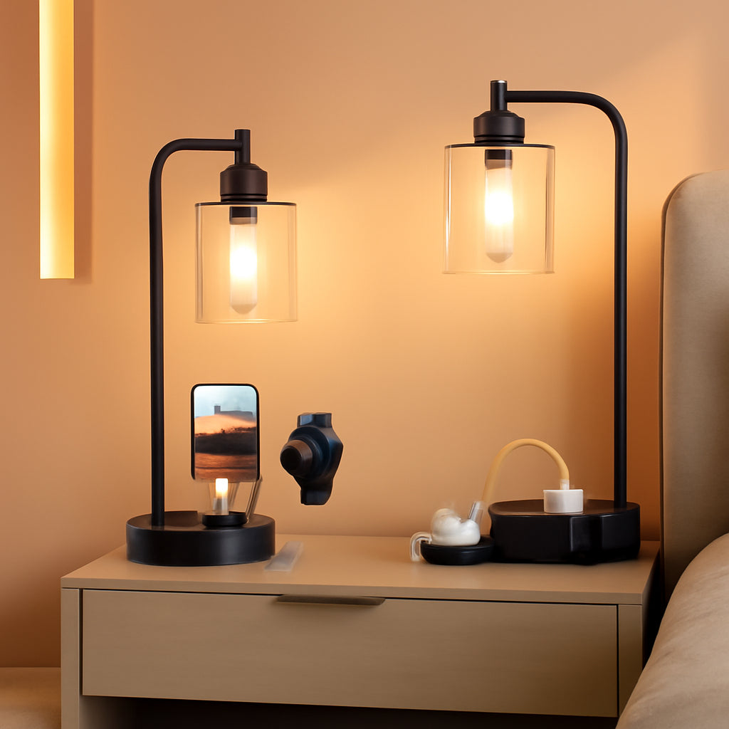 Industrial Nightstand Lamps Set of 2 Dimmable USB C Ports