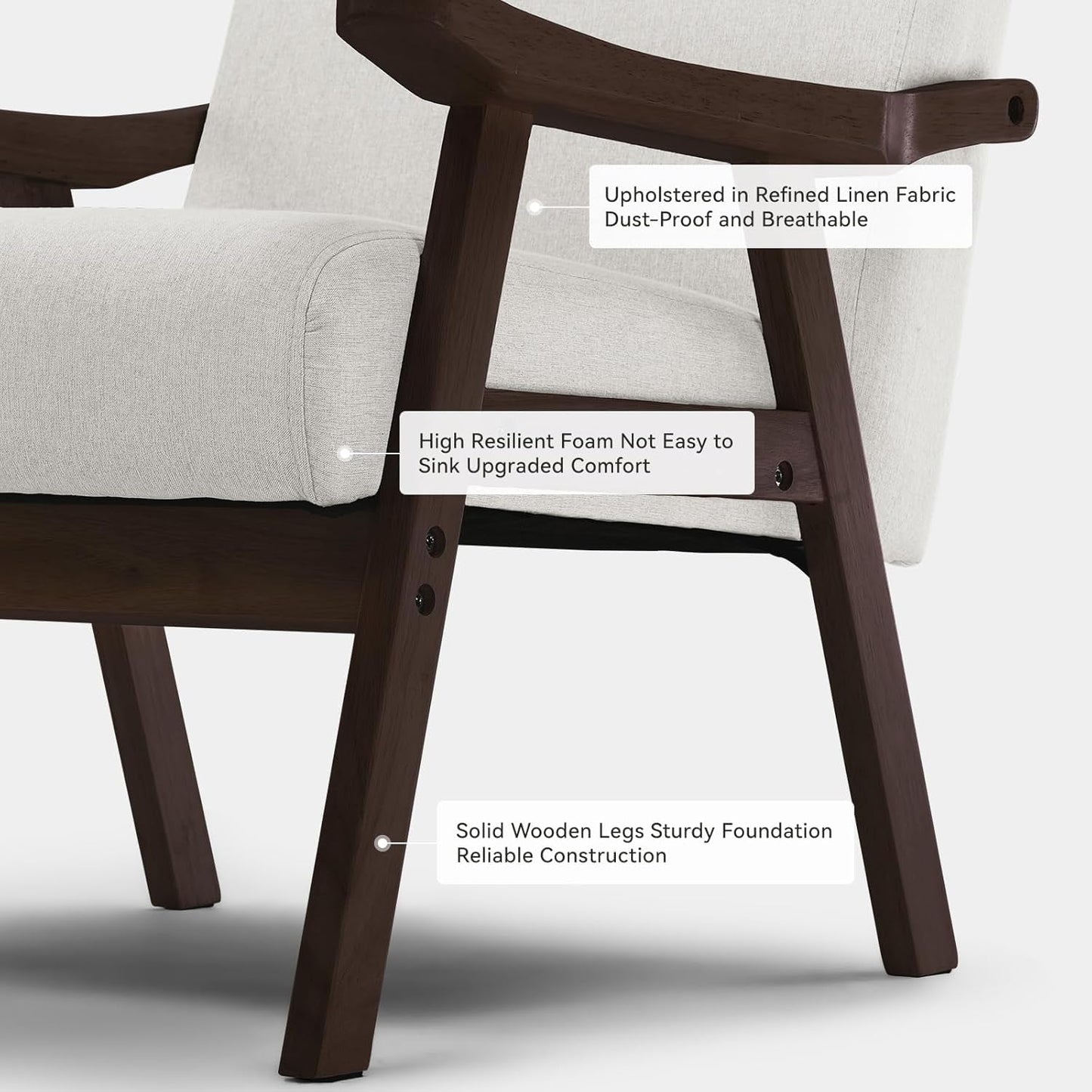 Beige Upholstered Modern Midcentury Solid Wood Armchair With Cushions
