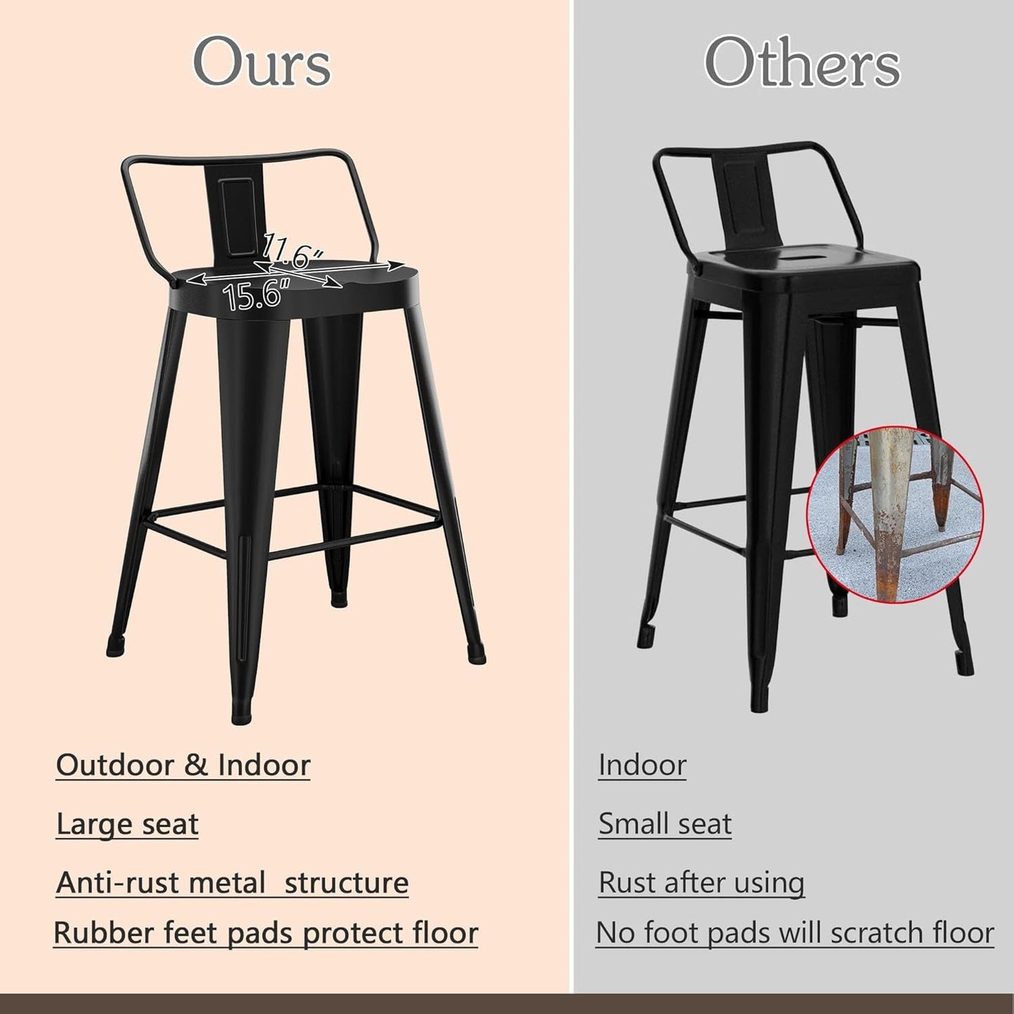 24 Inch Black Outdoor Metal Bar Stools Set of 4 Counter Height Large Ergonomic Seats