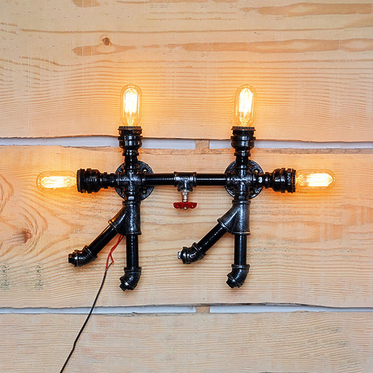 Illuminate Your Space with Industrial Charm: The 4-Bulb Black Water Pipe Wall Sconce Lamp