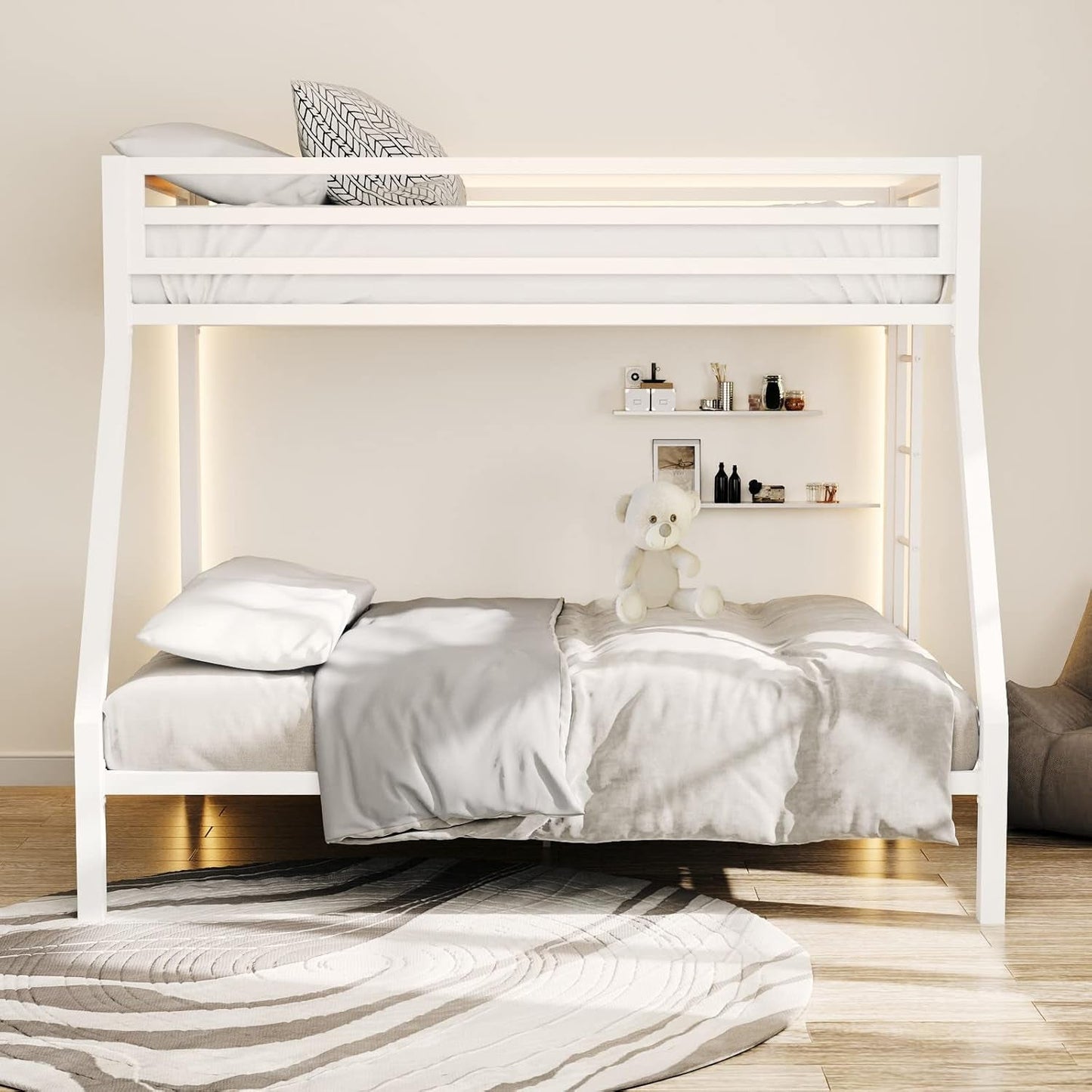 Metal Loft Bunk Bed Twin Over Full Size With Guardrail And Ladder Cream White