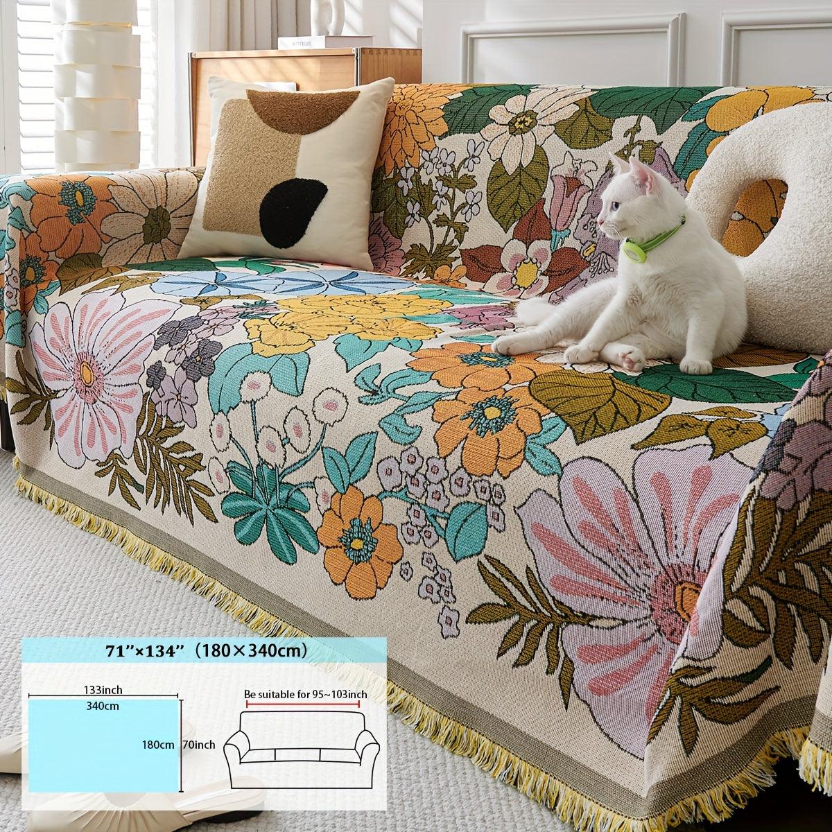 Linen Sofa Cover | Floral Tassel Throw, Pet-Friendly & Non-Slip