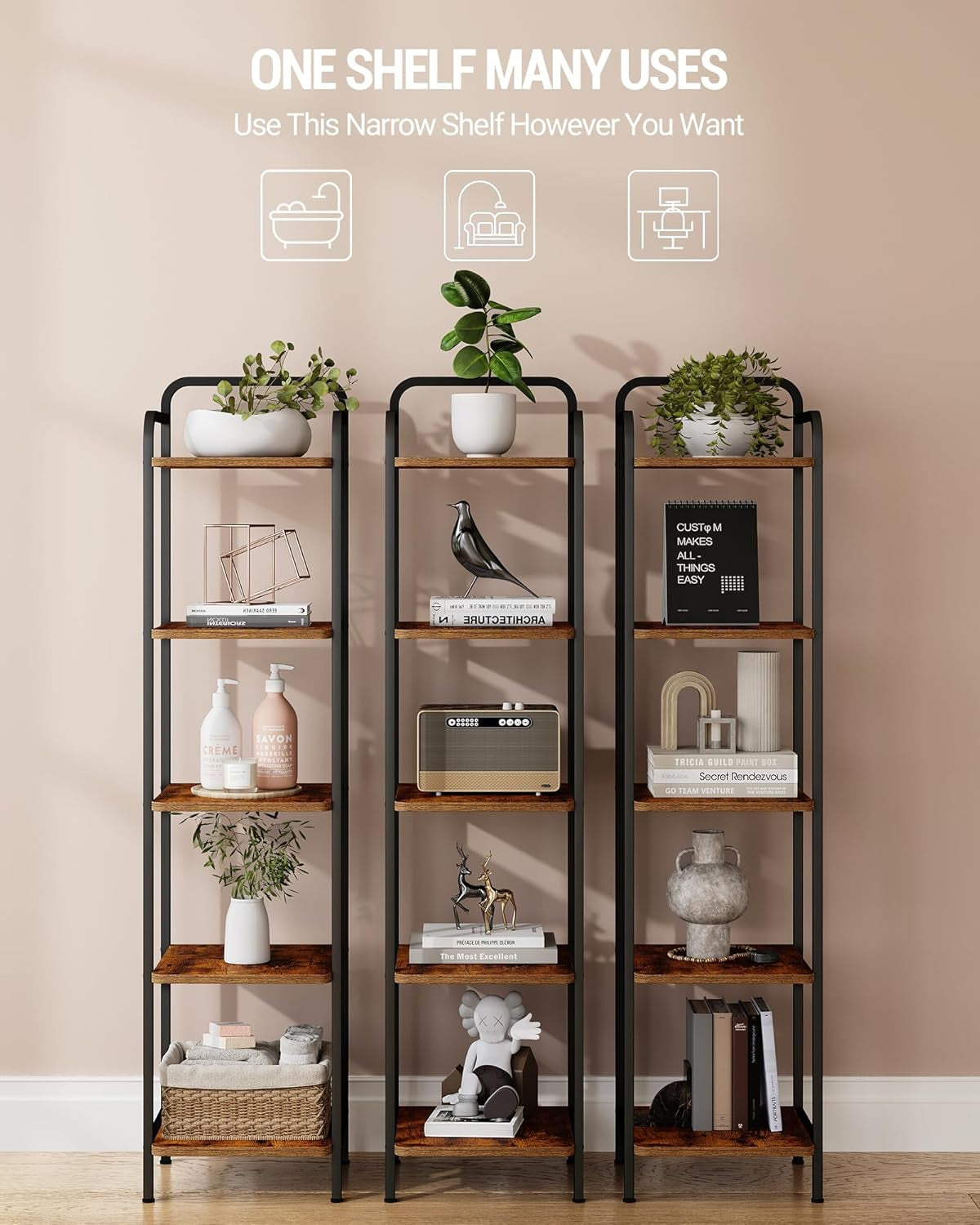 5-Tier Industrial Corner Shelf Narrow Rustic Black Bookcase