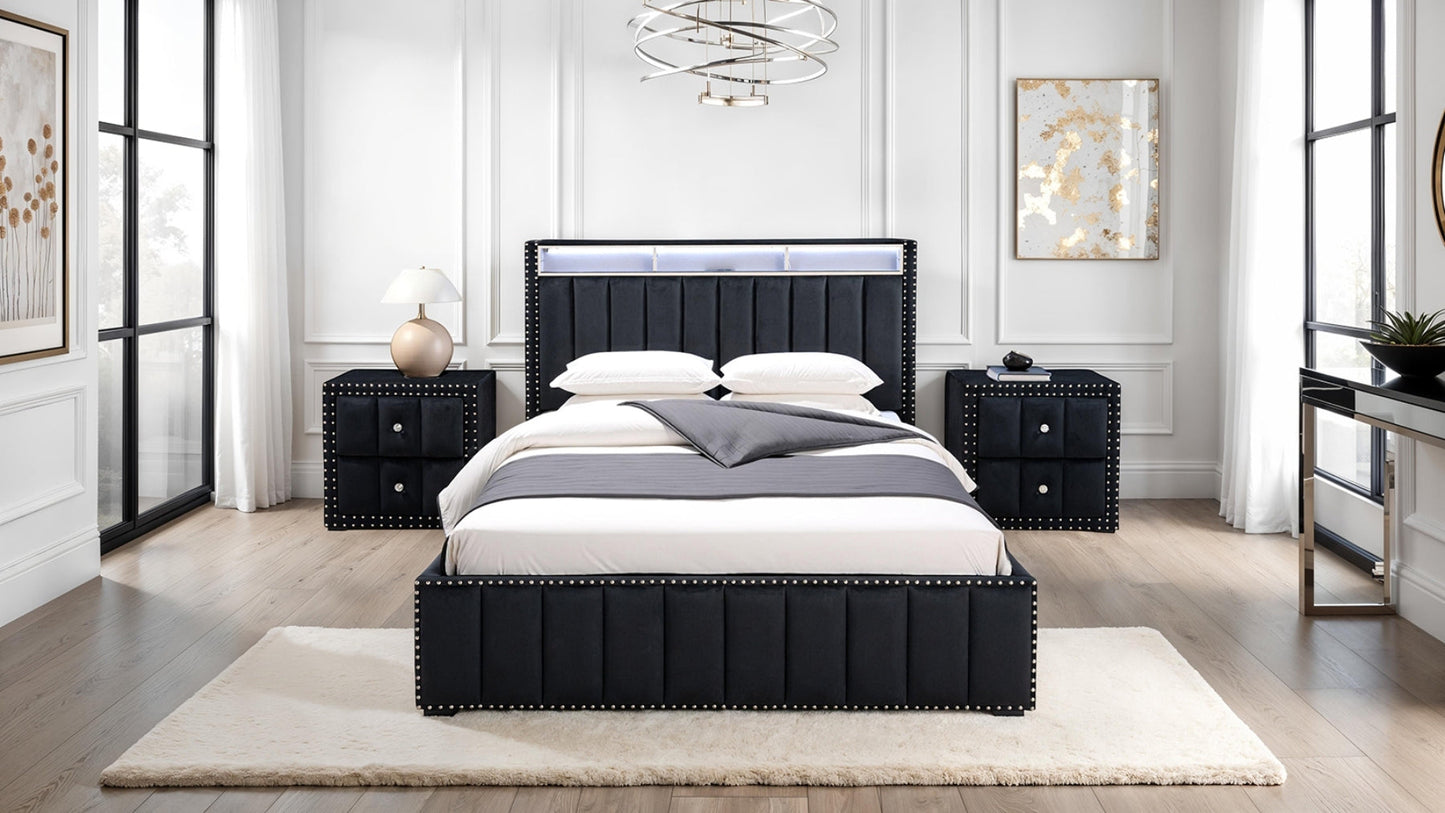 Queen Size Bed And 2x Nightstands Bedroom Furniture Luxury Look Black Fabric Upholstered Bedframe w LED Nailhead Trim 3pc Bedroom Set
