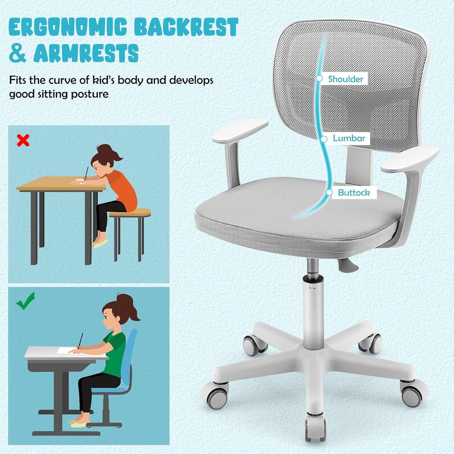 Kids Desk Chair Ergonomic Swivel With Lumbar Support And Breathable Mesh
