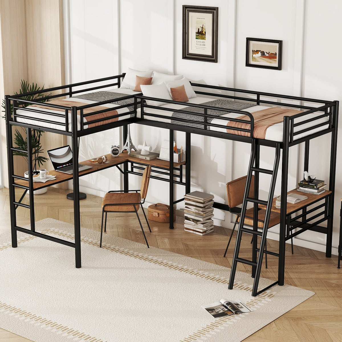 Twin Size Metal Loft Bed with Two Built-in Desks