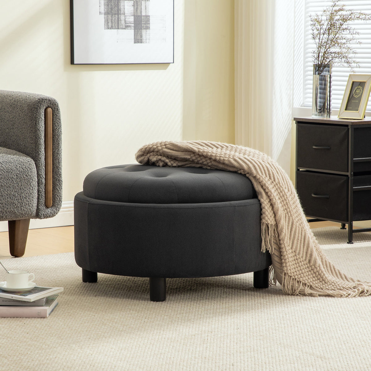 Upholstered Round Ottoman With Reversible Lid