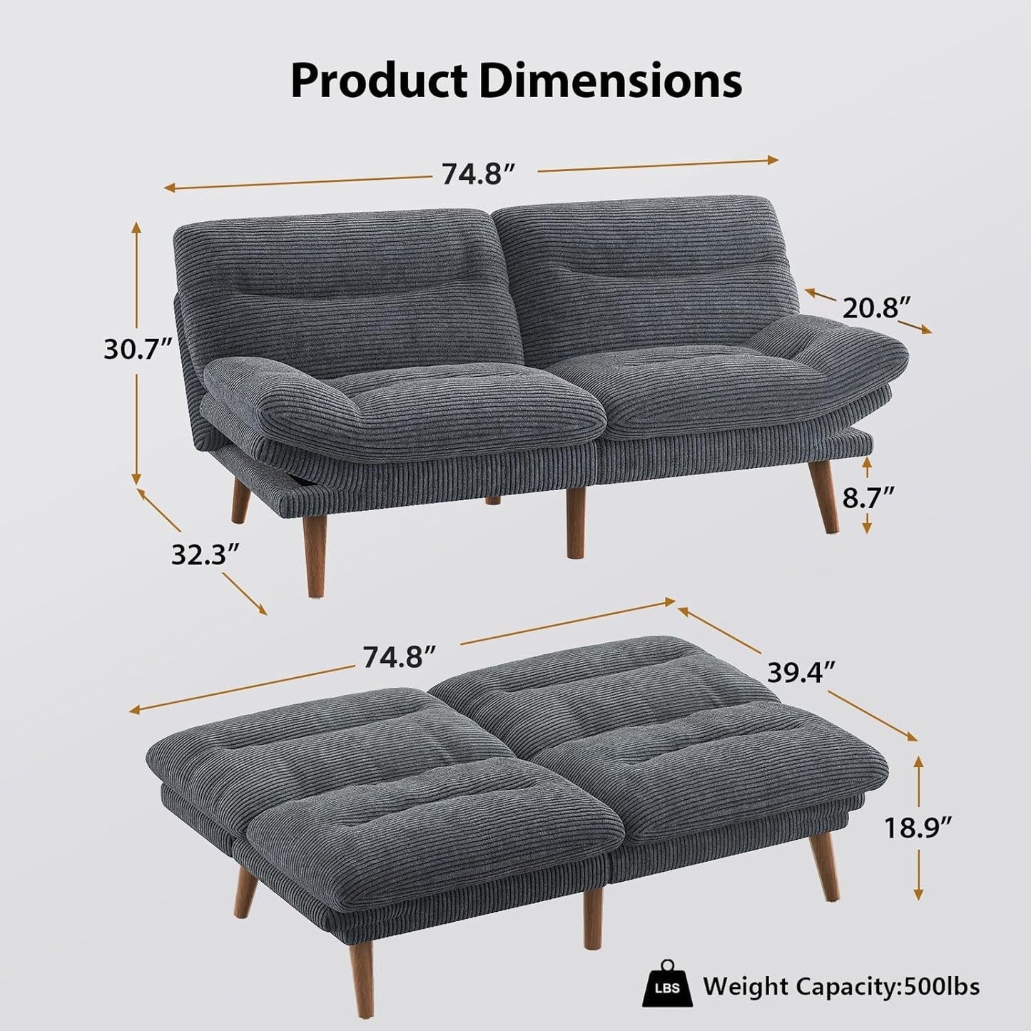 Corduroy Grey 73In Adjustable Backrest Futon SofaBed