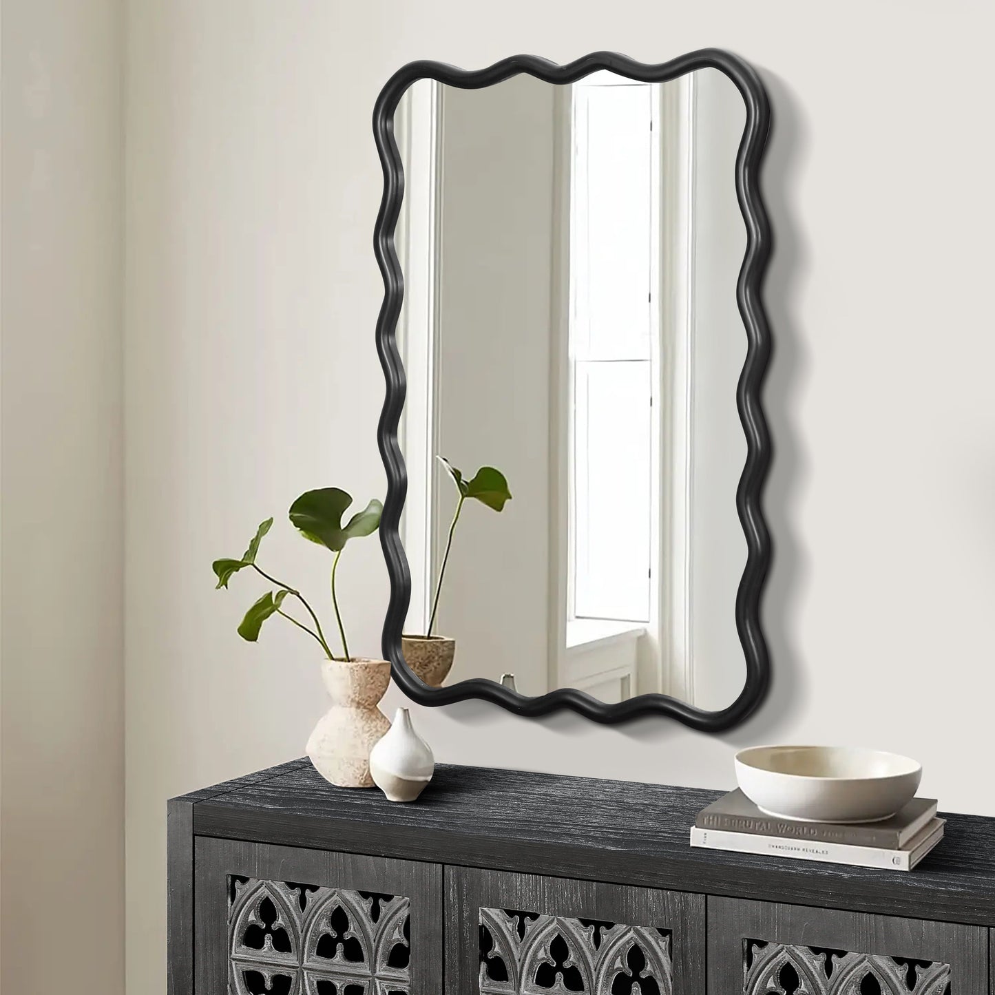 Solid Wood Wavy Rectangle Mirror-Black 40" x 28" Modern Mirror Wall Decor for Bathroom, Bedroom, Living Room, Dining Room, Cloakroom, Entryway