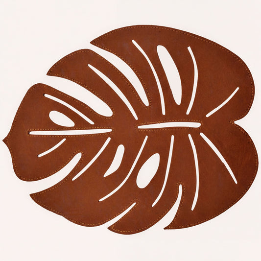 Leather Placemats Set of 6 – Monstera Leaf Design, PU Embossed, Heat Resistant