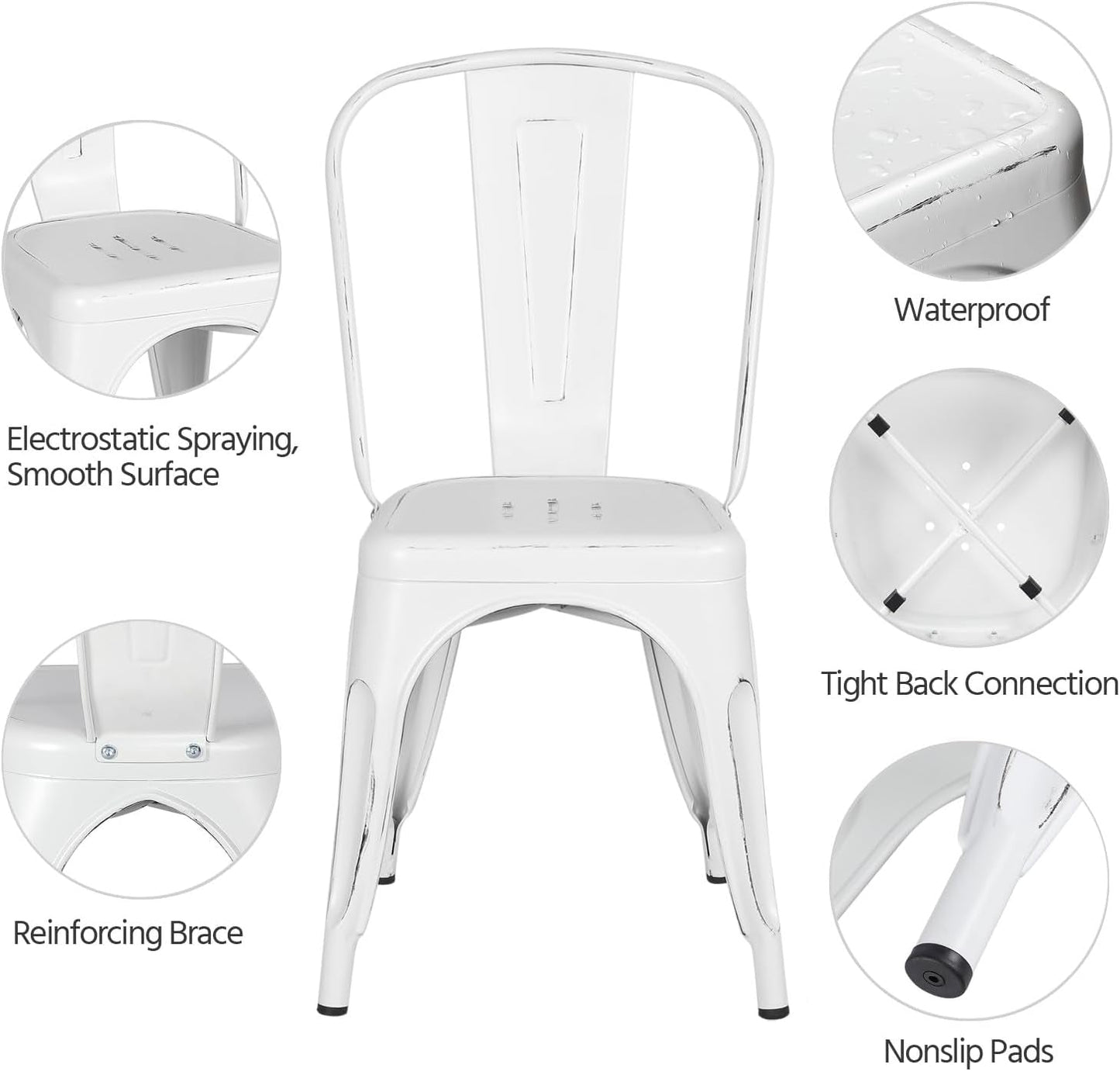 Stackable Distressed White Metal Dining Chairs For Indoor Outdoor Set Of 4