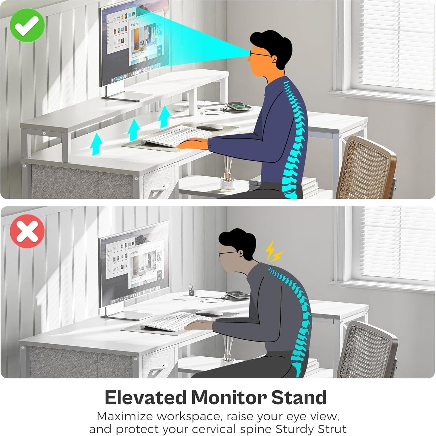 47 Inch White L Shaped Desk With LED Power Drawer Unit