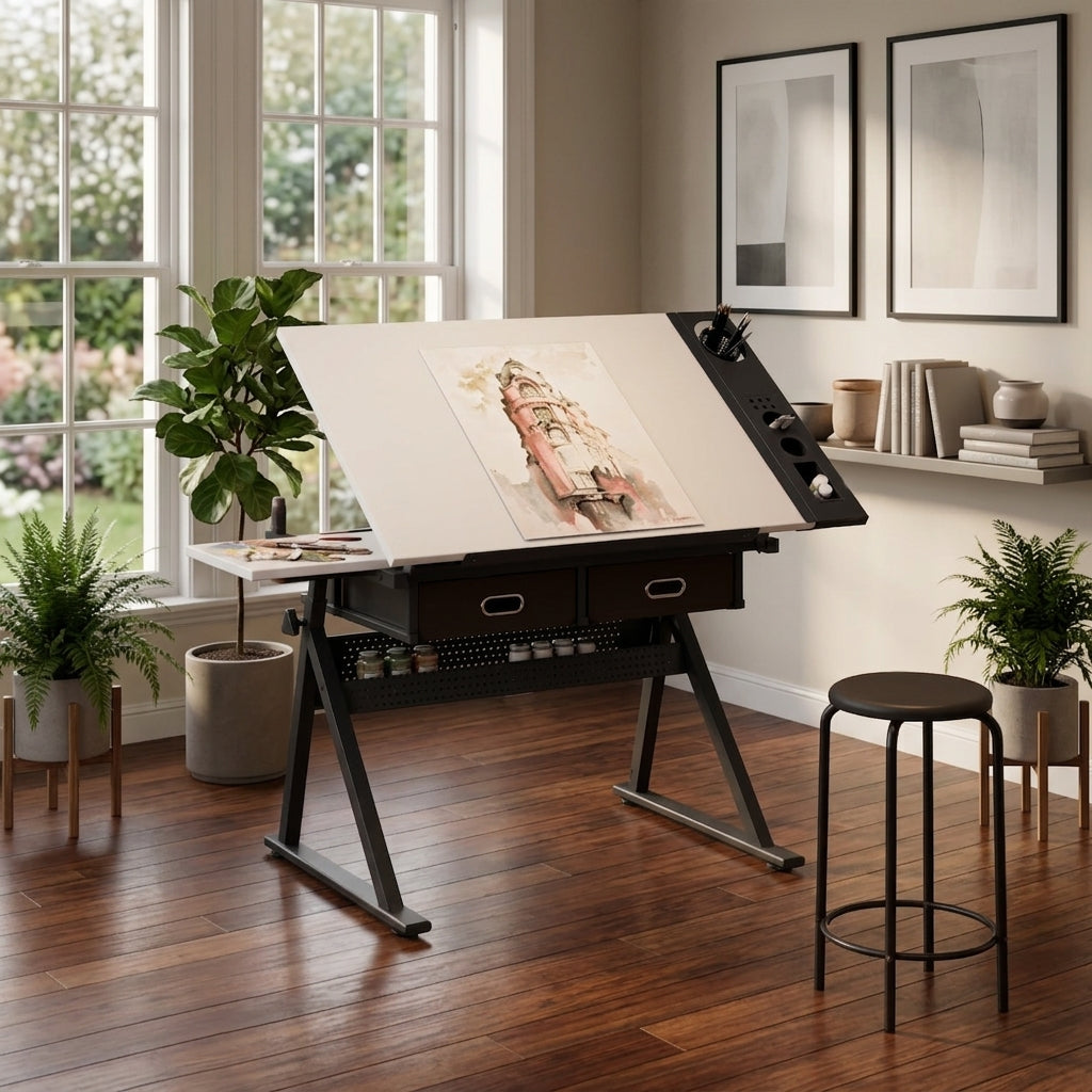 Adjustable Drawing Drafting Table Desk with 2 Drawers for Home Office