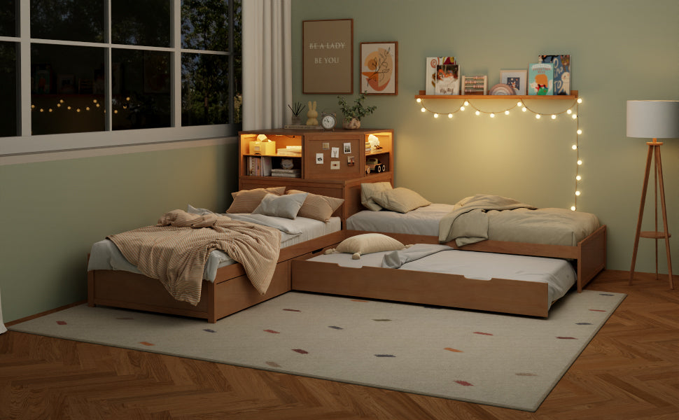 L-Shaped Combination Twin Bed Frame with Trundle and Drawer